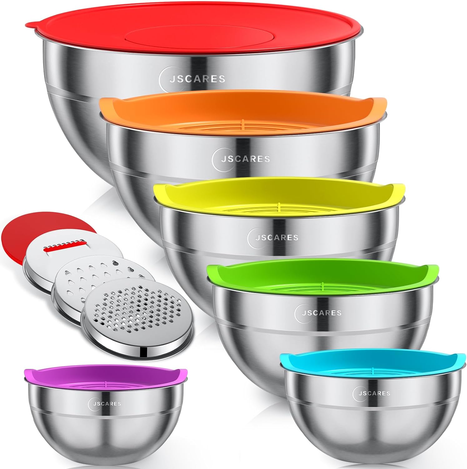 Mixing Bowls with Colorful Airtight Lids, 6 Piece Stainless Steel Metal Bowls wi...