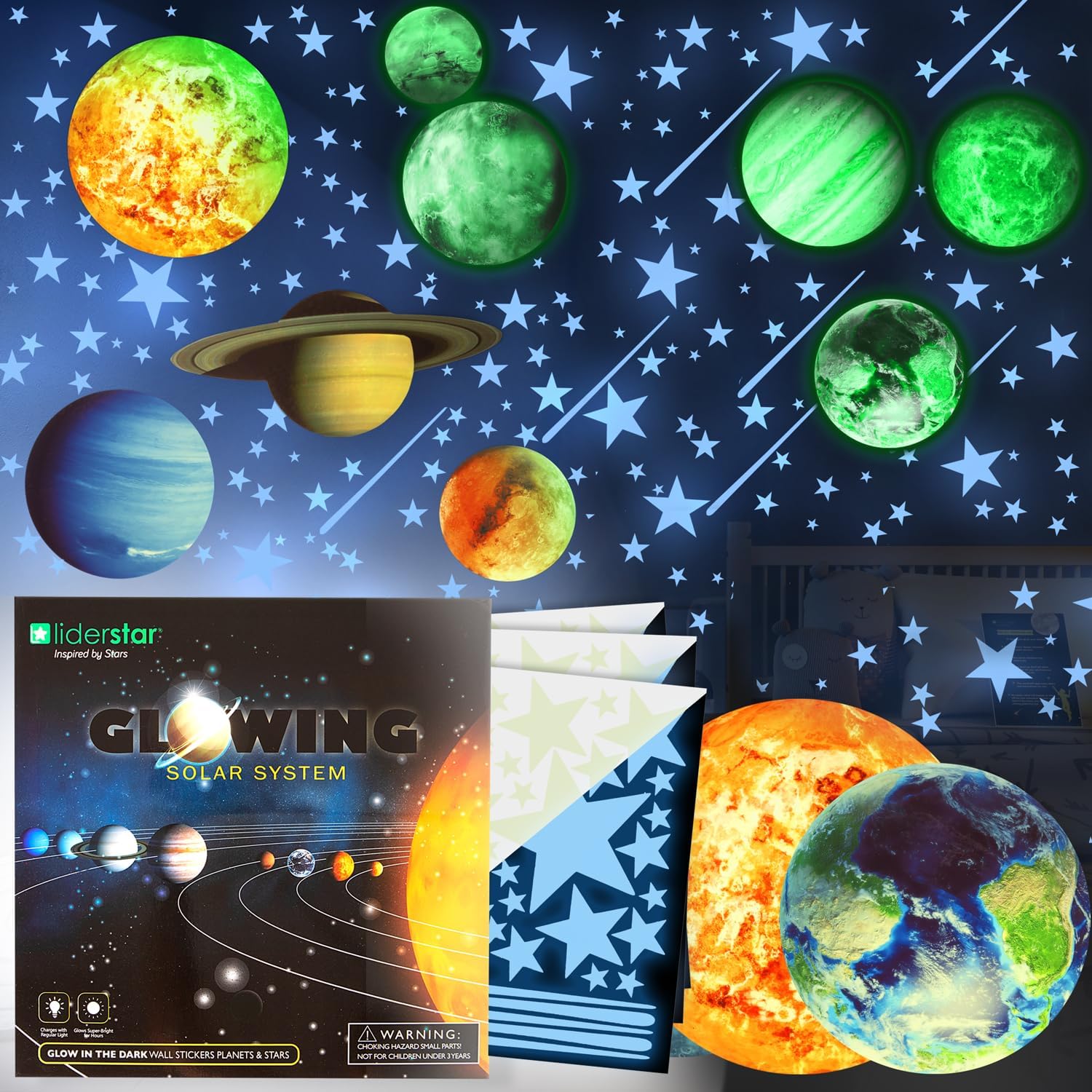 Glow in The Dark Stars and Planets, Bright Solar System Wall Stickers -Glowing C...