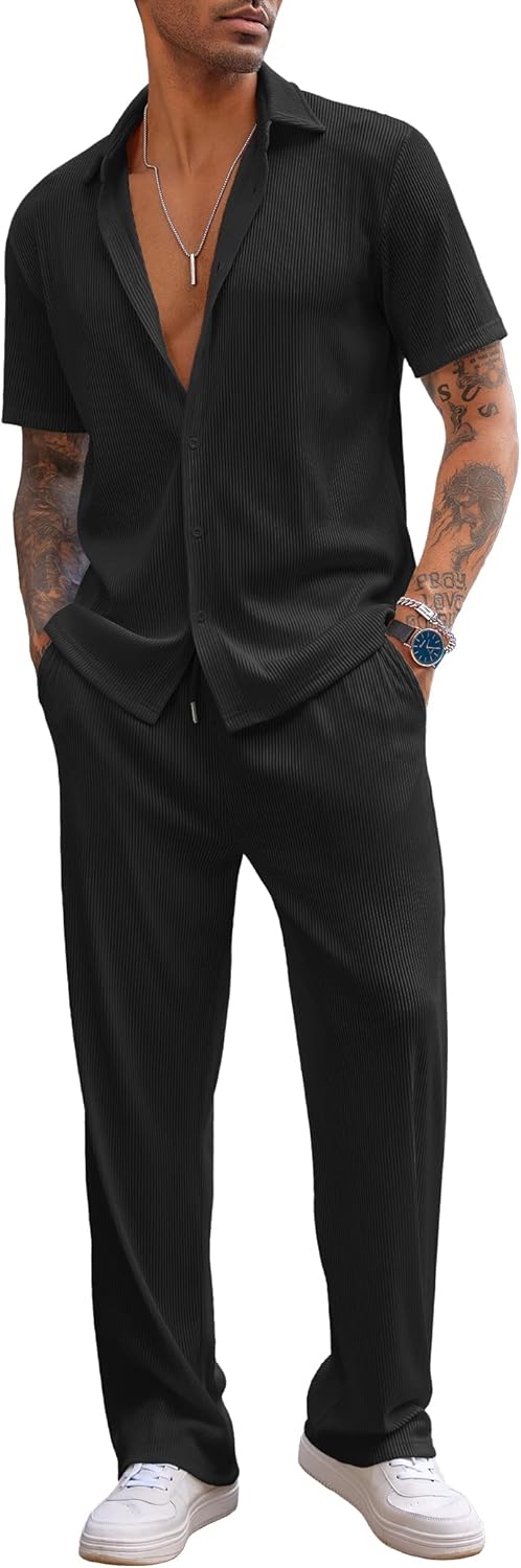 COOFANDY Men's 2 Piece Outfit Casual Short Sleeve Button Down Shirt Beach Summer...