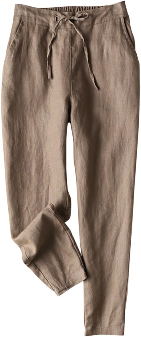 IXIMO Women's Tapered Pants 100% Linen Drawstring Back Elastic Waist Ankle Lengt...
