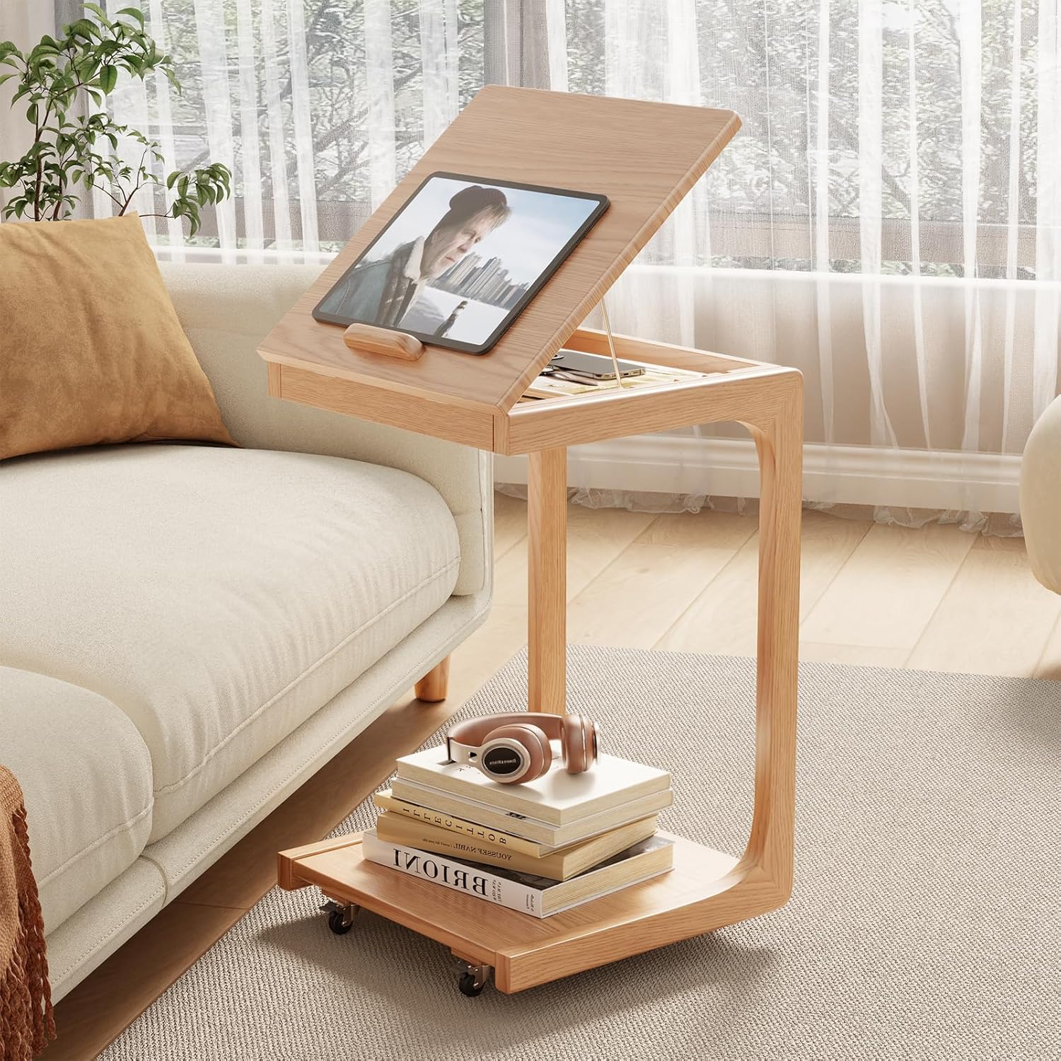 C Shaped Table for Couch, C Table with Wheels,Wooden Couch Table Adjustable Desk...