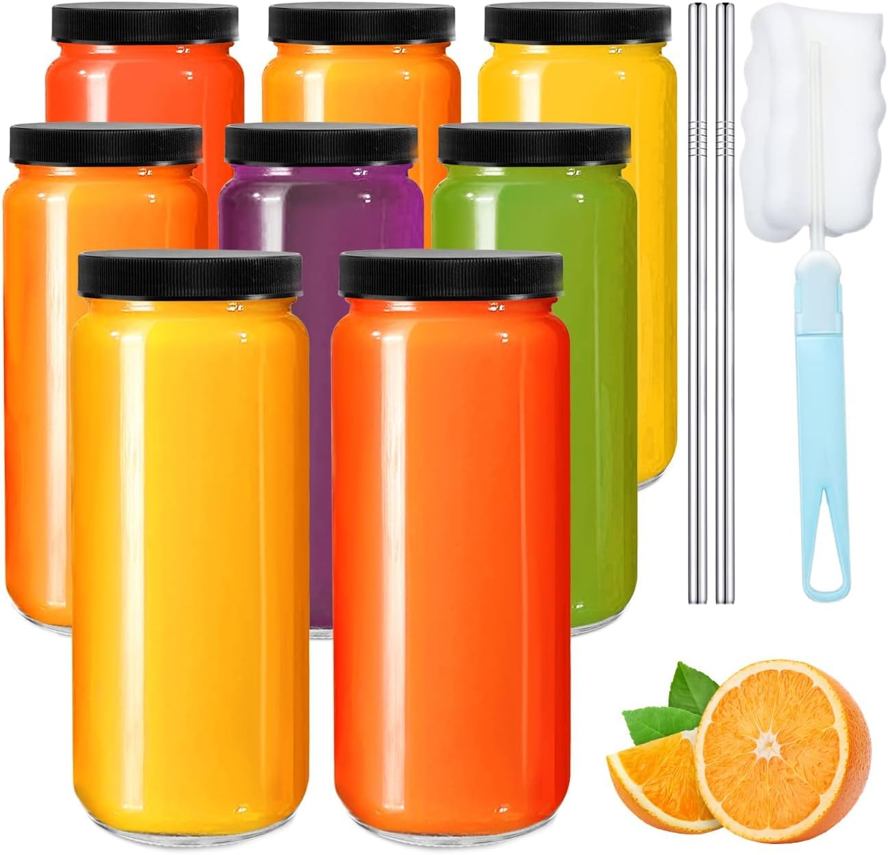 OAMCEG 8 Pack 16OZ Glass Juice Bottles with Straw Lids - Smoothie Cups with Lids...