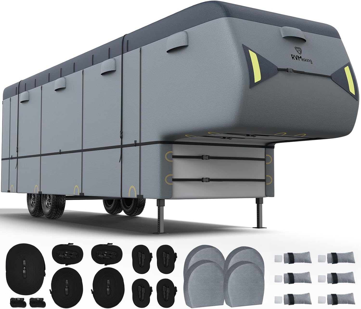 RVMasking 7 Layers Top Heavy Duty 5th Wheel RV Cover with 4 Tire Covers for 37'1...