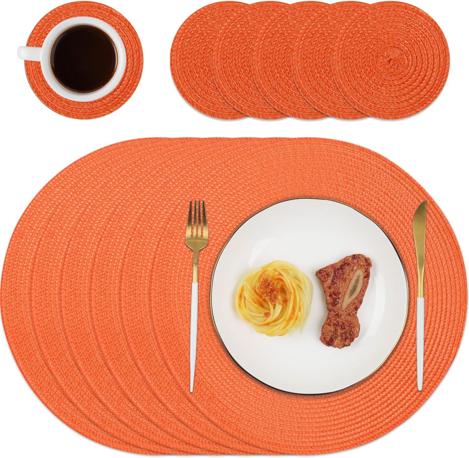 Homcomodar Round Placemats and Coasters Set of 6 Braided Woven Table Place Mats...