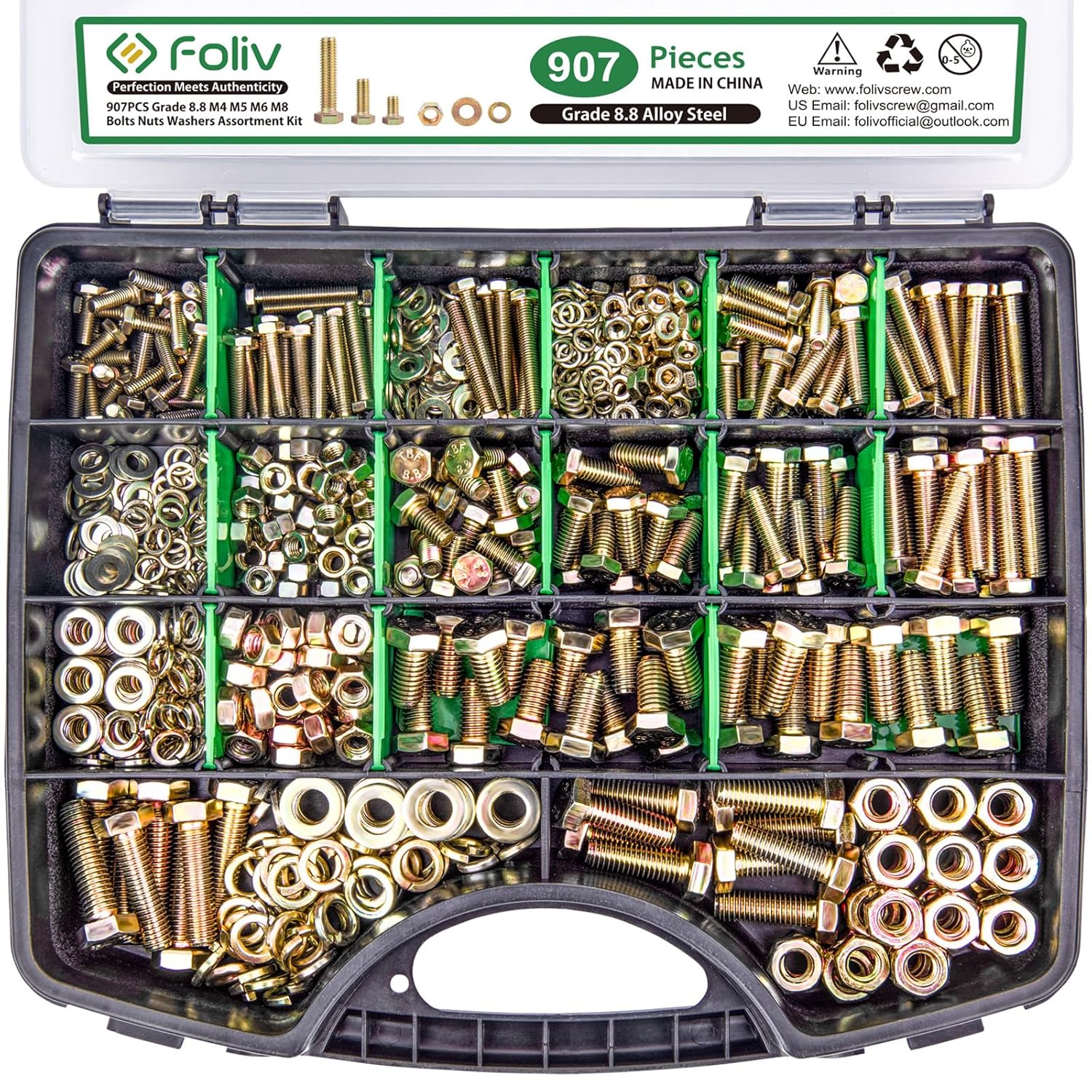 FOLIV 907pcs Grade 8.8 Metric Bolt Assortment, M4 M5 M6 M8 Heavy Duty Bolts and...