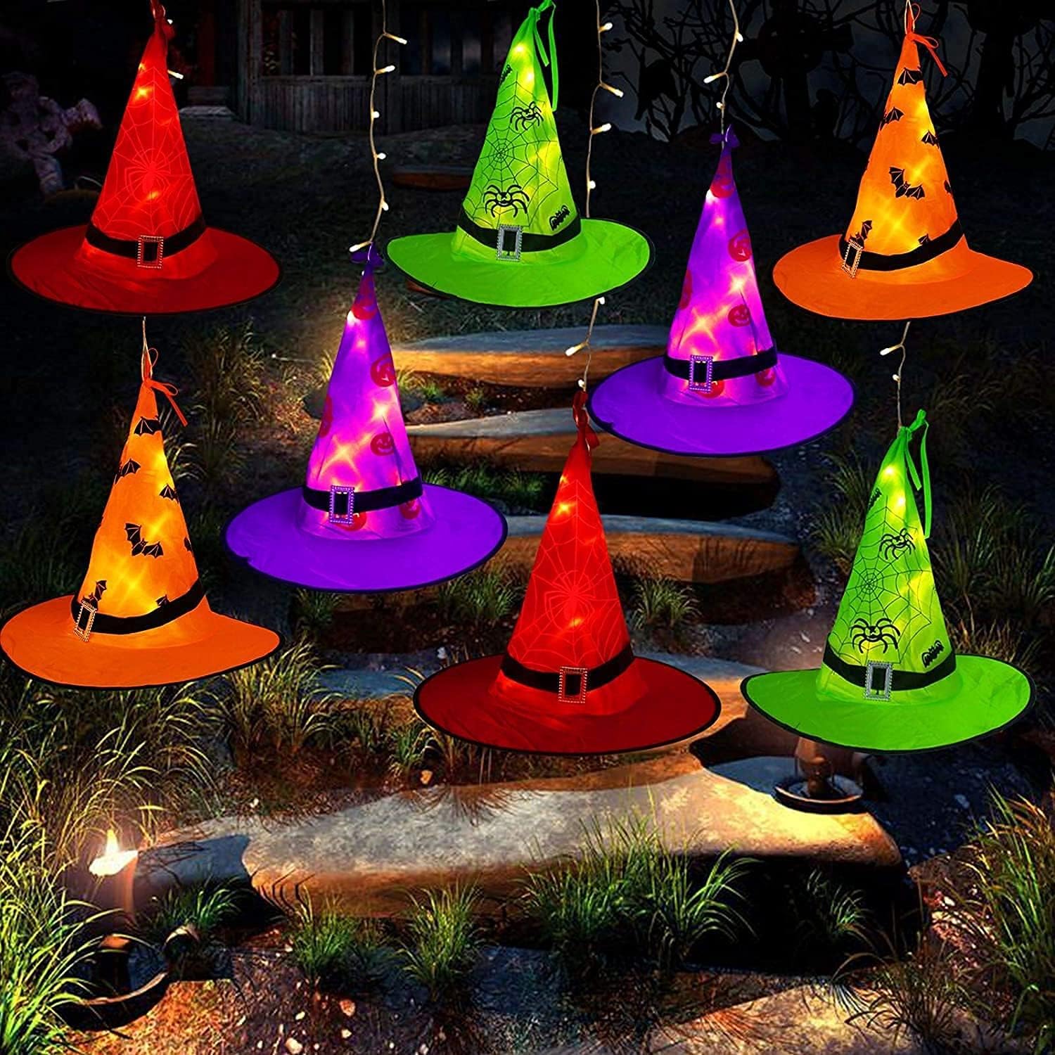 Halloween Decorations Lighted Witch Hats, 8Pcs Hanging Glowing Witch Hats 44ft H...
