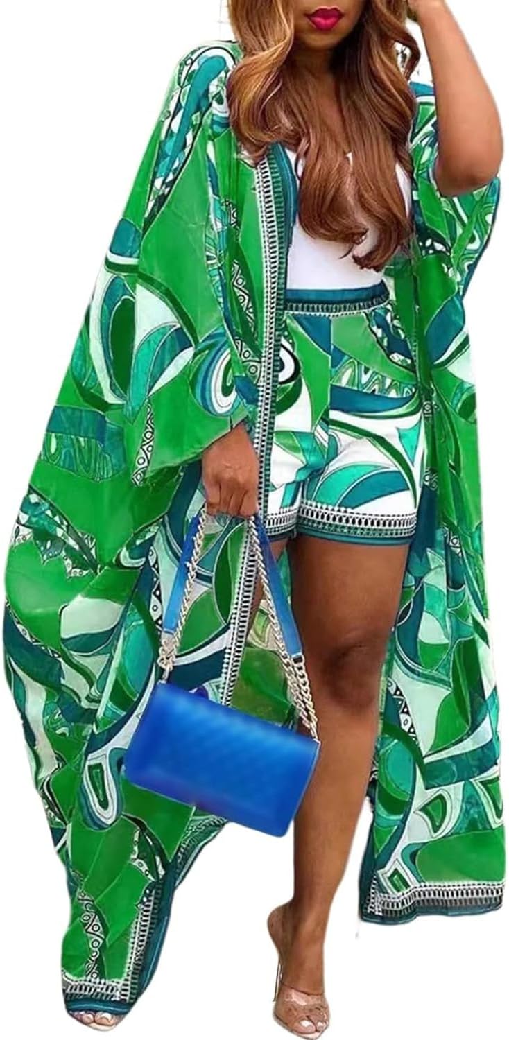 QegarTop Kimono Shorts Set for Women Two Piece Summer Vacation Outfits Flowy Bea...
