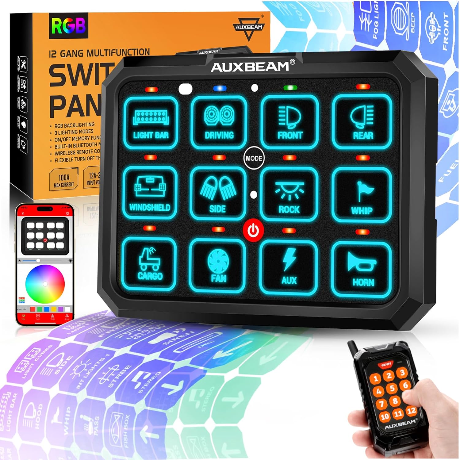 Auxbeam RGB 12 Gang Bluetooth Switch Panel AC-1200 w/165FT Long Range 433MHz Wir...