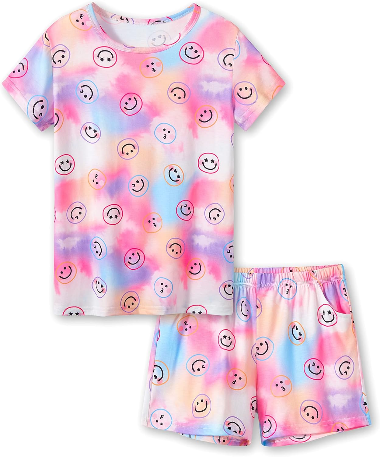 Beezizac Neon Tie Dye Spiral Pattern/Butterfly Pajamas for Girls Tee & Shorts PJ...