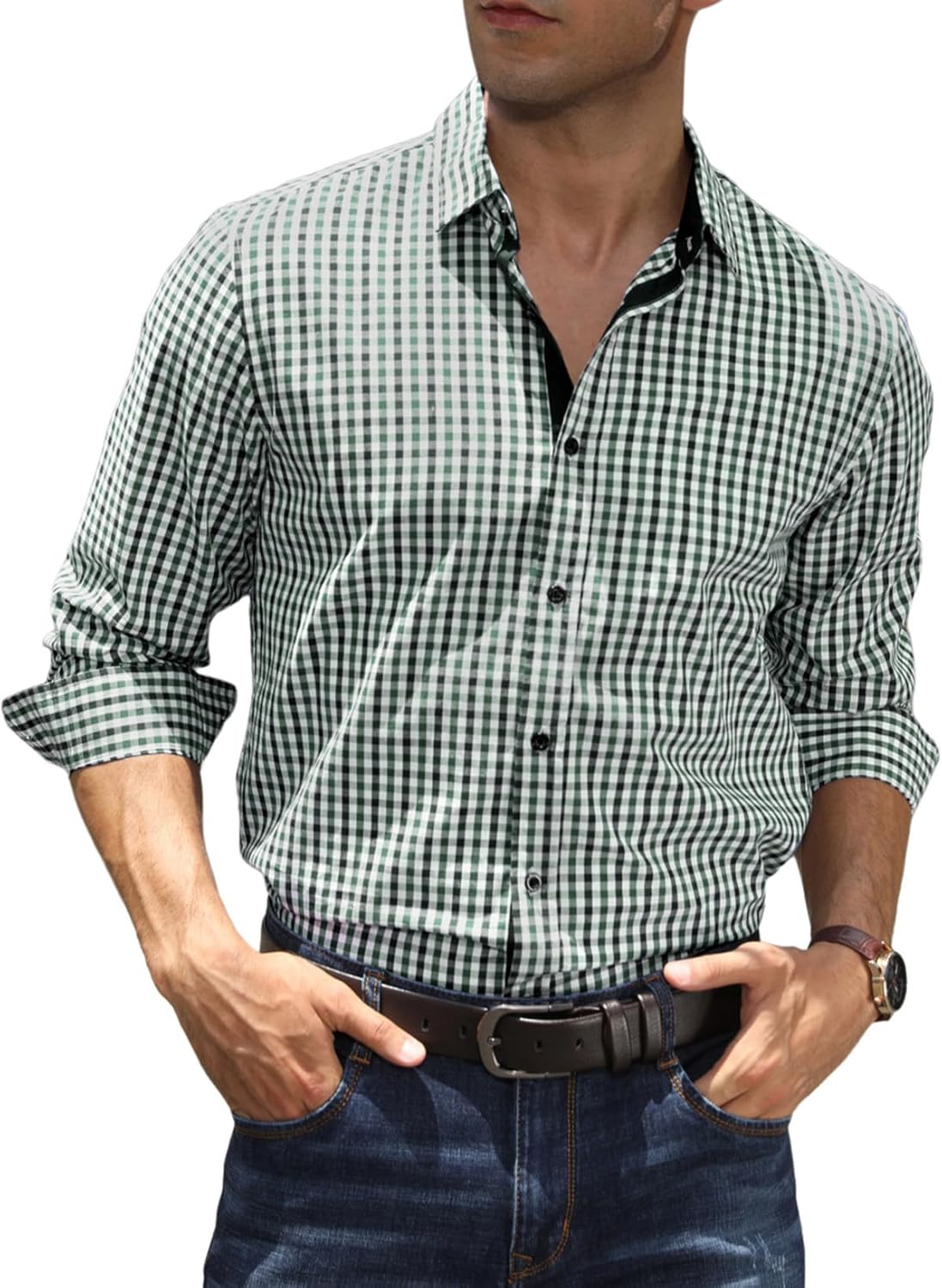 Elegancity Mens Dress Shirt Plaid Cotton Business Formal Shirts Regular-Fit Wrin...