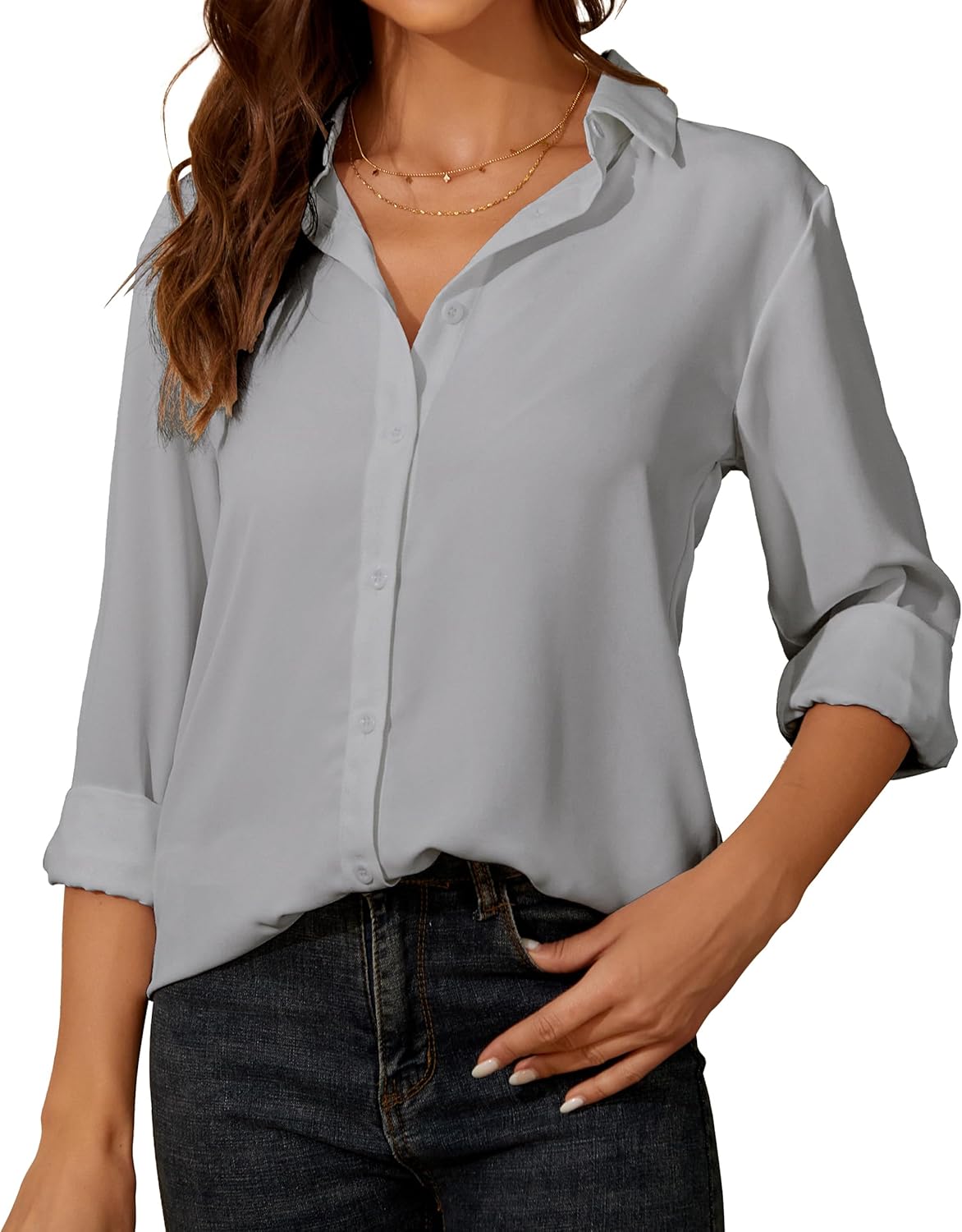 SPRING SEAON Womens Blouse Long Sleeve Chiffon V-Neck Button Down Shirt Casual O...