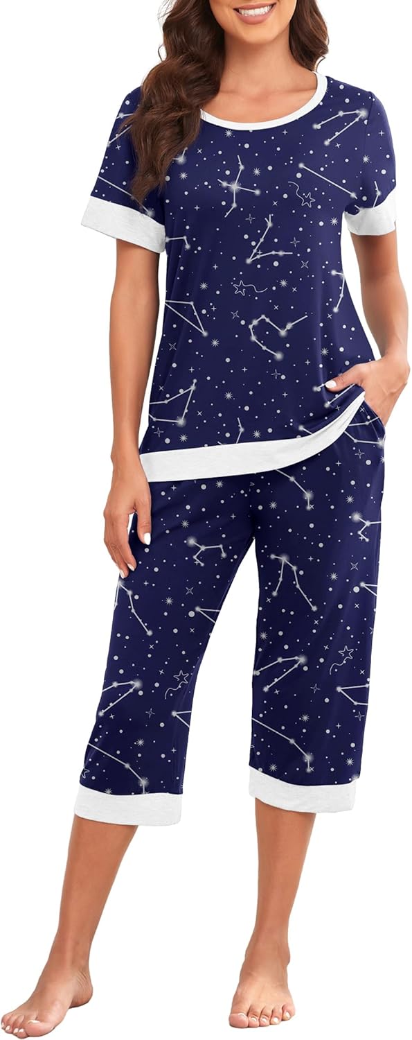 PrinStory Women's Pajama Set, Special Sleepwear with Short Sleeve Shirt and Capr...