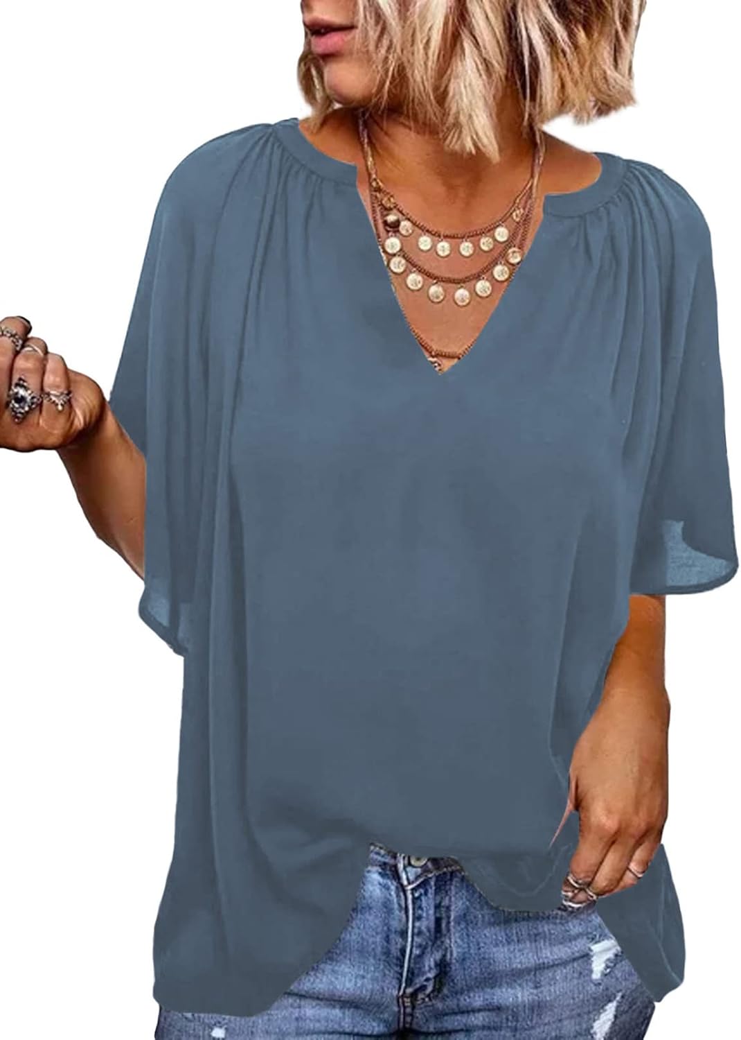 Dokotoo Womens Chiffon Blouses, Special Casual Solid Bell Sleeve Shirt, Innovati...