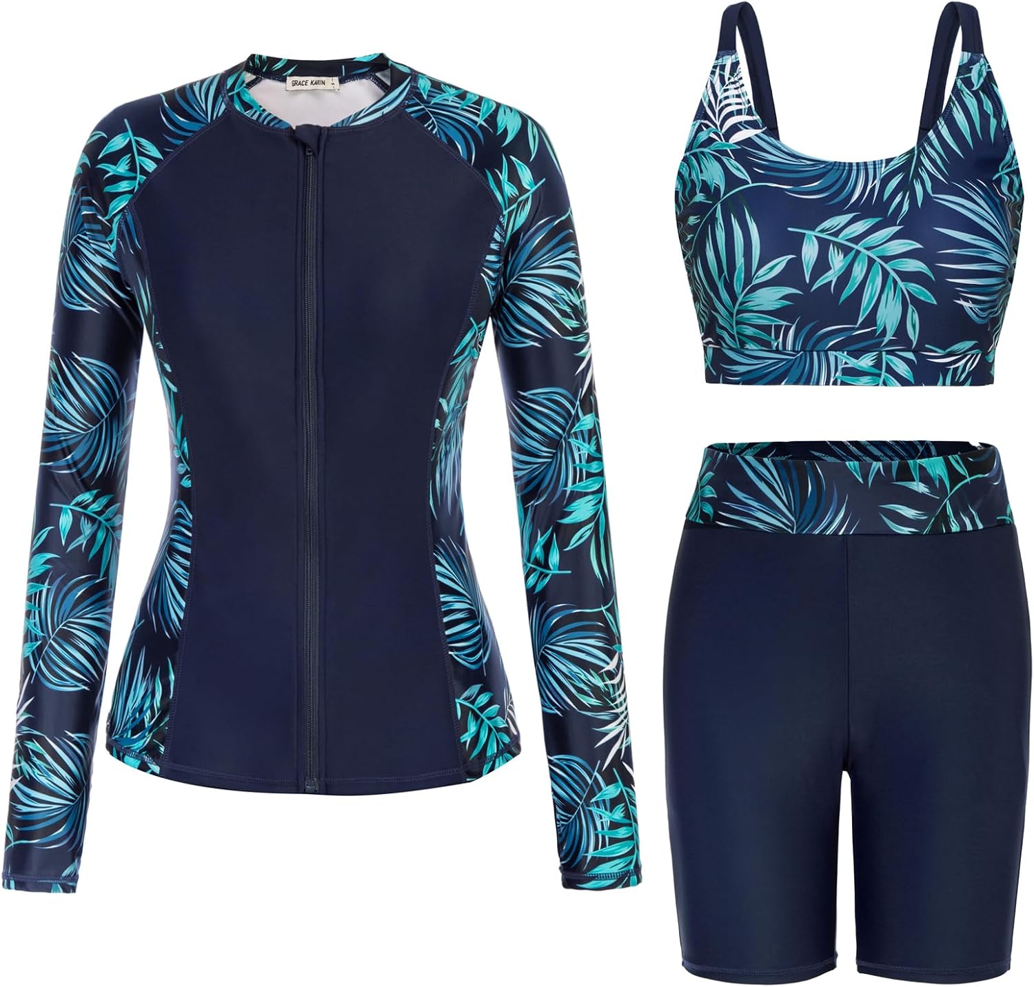 GRACE KARIN Women's 3 Piece Rash Guard Built-in Bra Long Sleeve UV Sun Protectio...