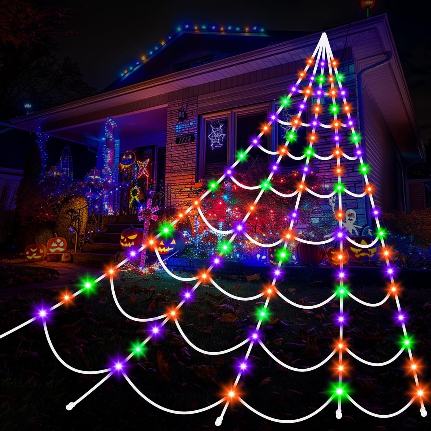 Halloween Decorations Spider Webs Lights: 150 Purple & Orange & Green LED Hallow...