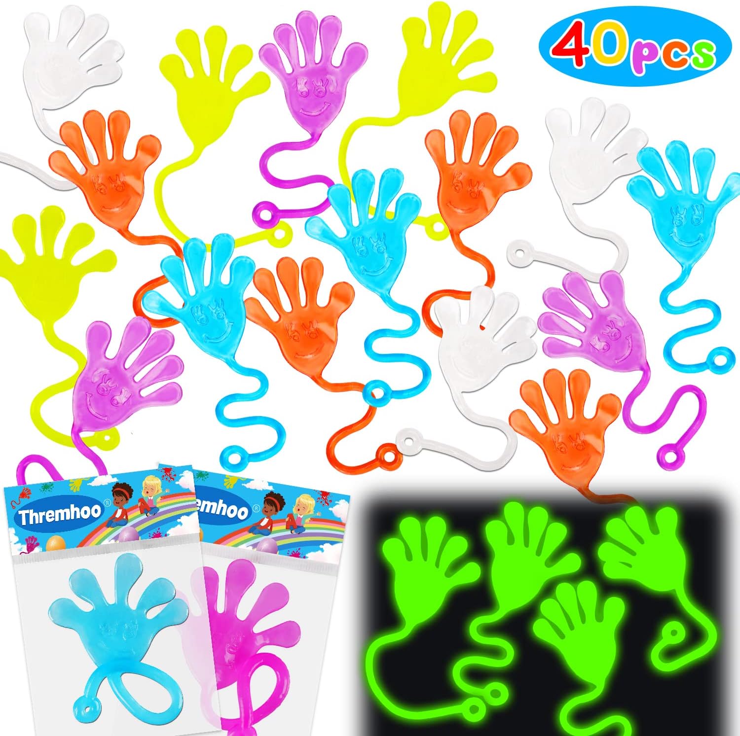 40Pcs Glow in The Dark Sticky Hands Kid Halloween Treat Party Favor Supplies Goo...