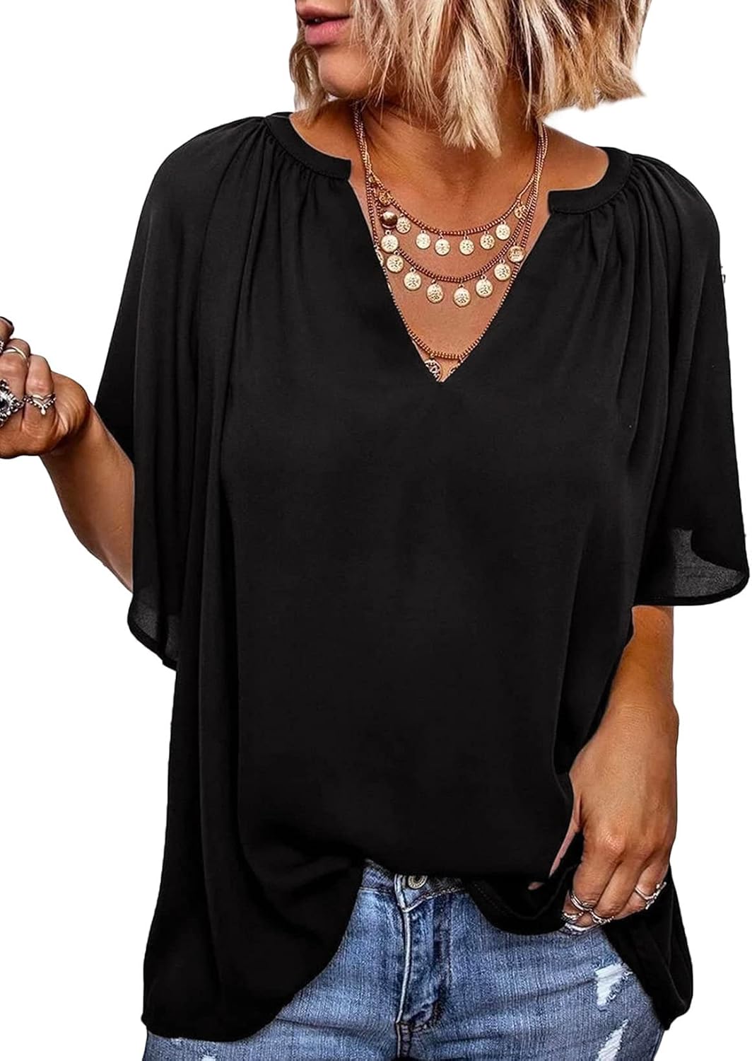 High-Quality Dokotoo Womens Chiffon Blouses, Special Casual Solid Bell Sleeve Sh...
