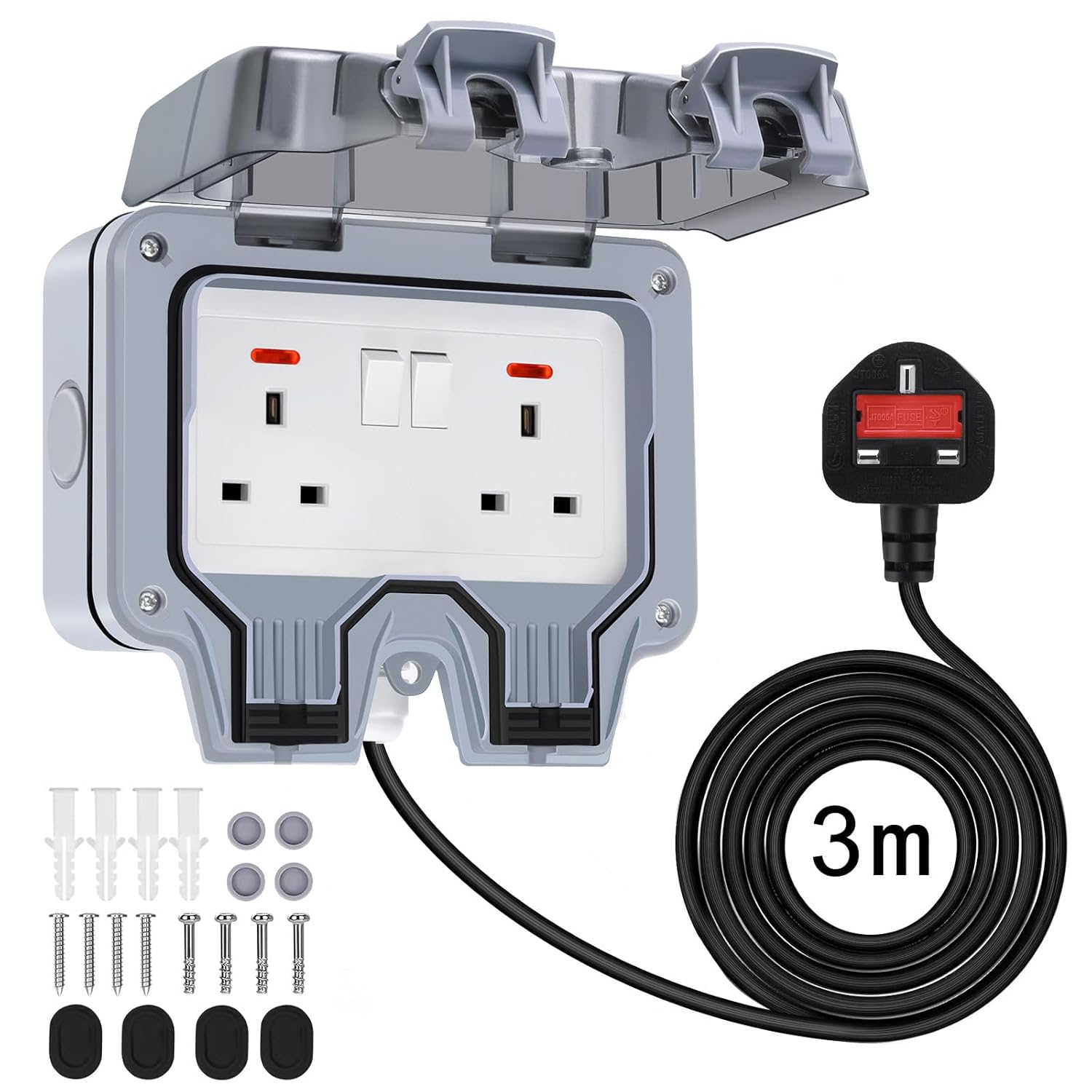 Chilymes Double Outdoor Socket with 3m Extension Lead, Outside Plug Socket IP66...