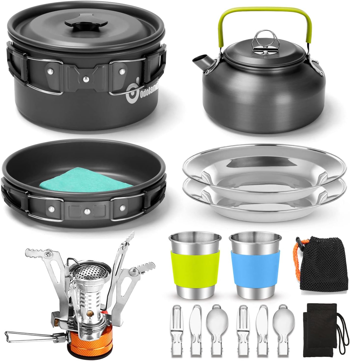Odoland 16pcs Camping Cookware Set with Folding Camping Stove, Non-Stick Lightwe...
