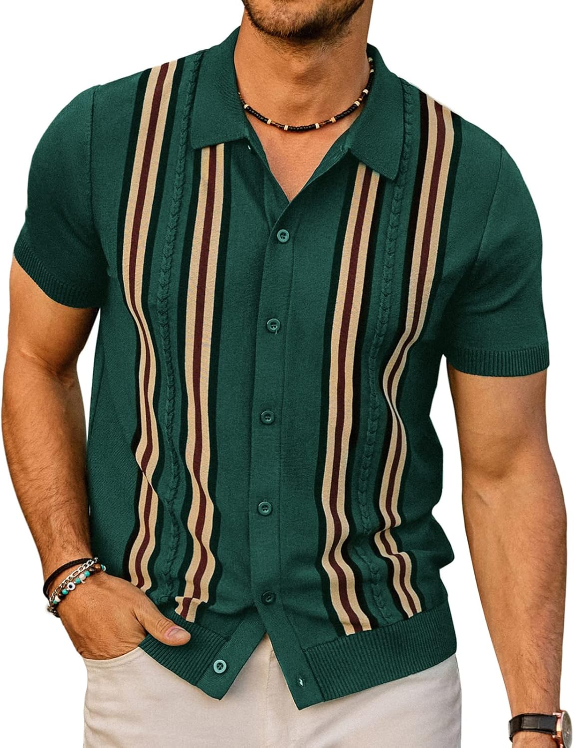 PJ PAUL JONES Mens Polo Shirts, Special Vintage Striped Button Down Knitted Shir...
