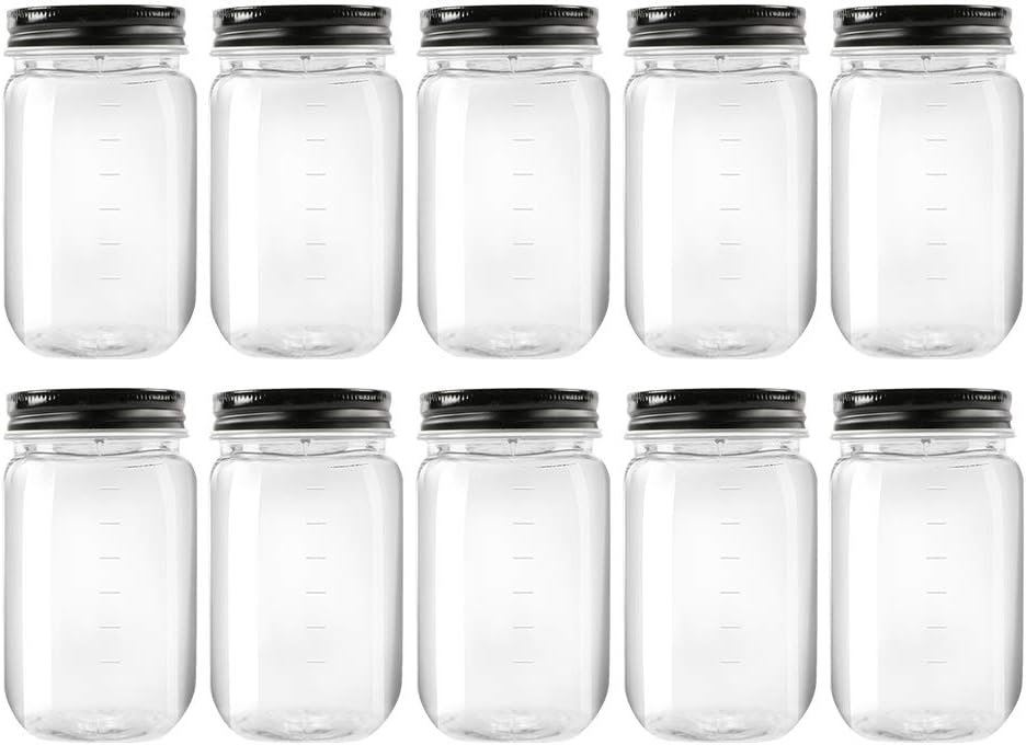 novelinks 16 Ounce Clear Plastic Jars with Black Lids - Refillable Round Clear C...