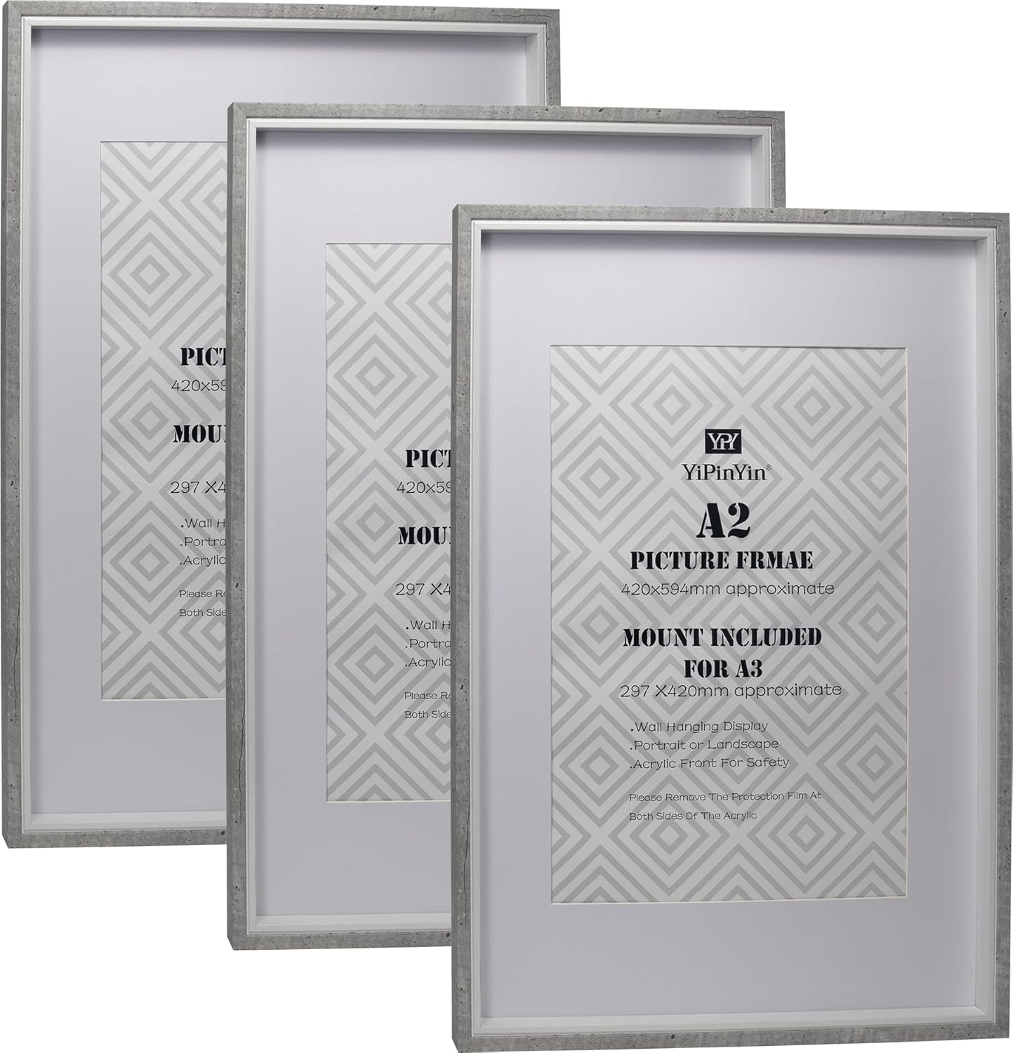 Cement Grey & White Two Tone A2(42x59.4cm) Picture Frames Set of 3 with Acid Fre...