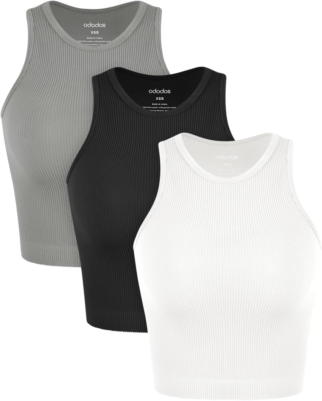 ODODOS 3-Pack Seamless Crop Tank, Special Ribbed Soft High Neck Cropped Tops, Hi...