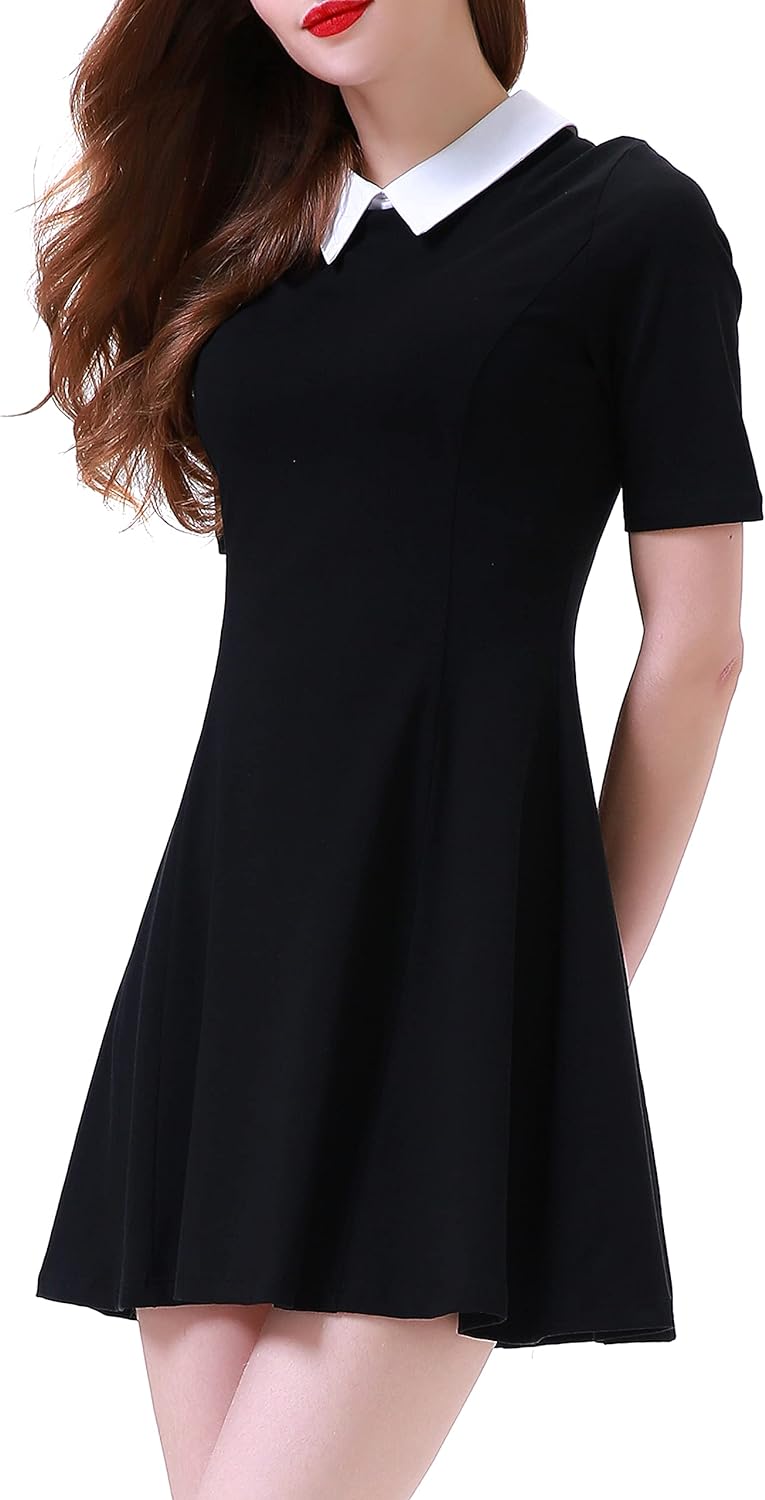 Aphratti Women's Short Sleeve Peter Pan Collar Cute Skater Dress Fit and Flare A...