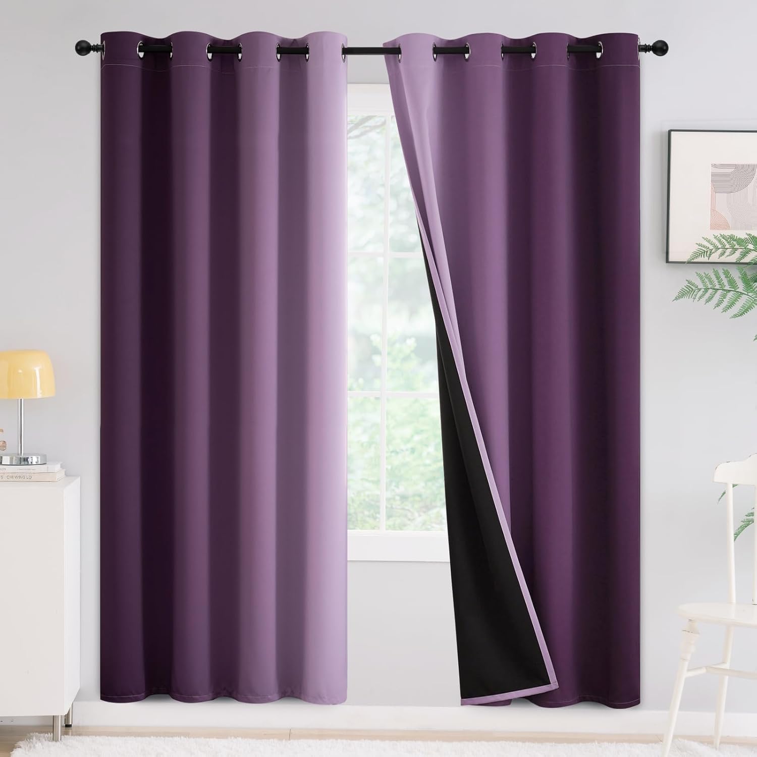 Yakamok Purple 100% Blackout Curtains for Bedroom,Ombre Room Darkening Curtains...