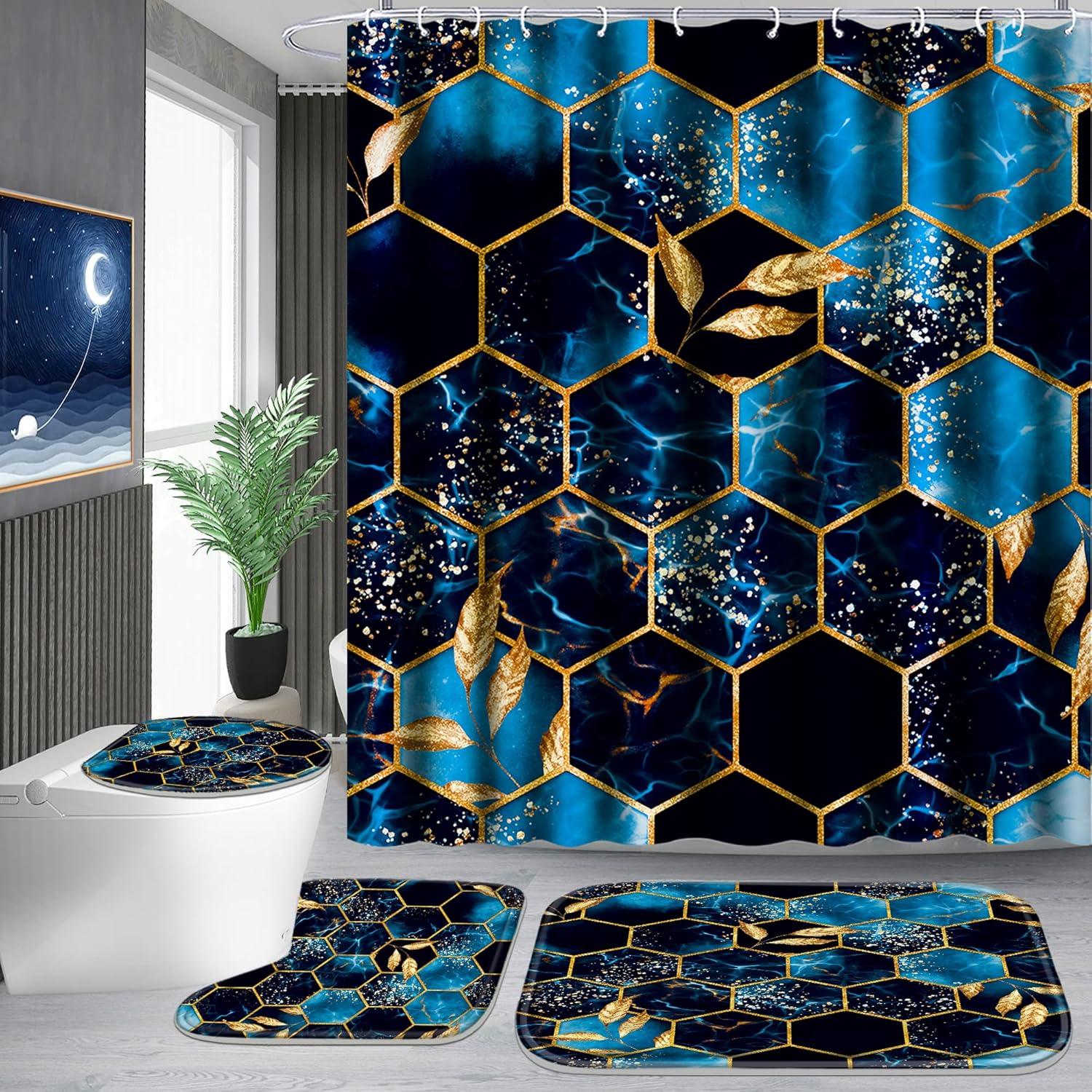 Poedist 4 Pcs Bathroom Shower Curtain Set, Special Bathroom Sets with Rugs(Bath...