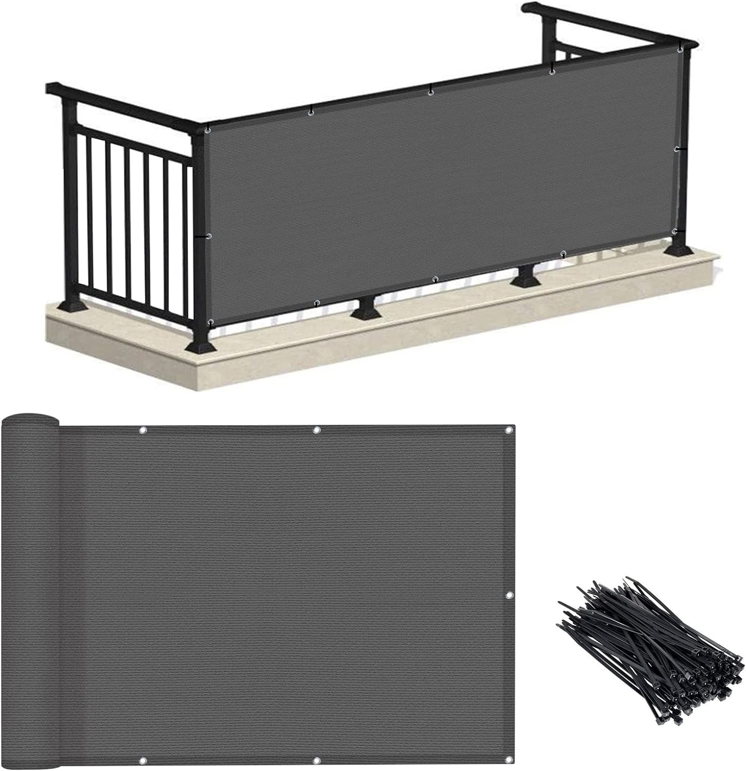 LOVE STORY 3'x10' Charcoal Balcony Privacy Screen Fence Cover (HDPE) UV Protecti...