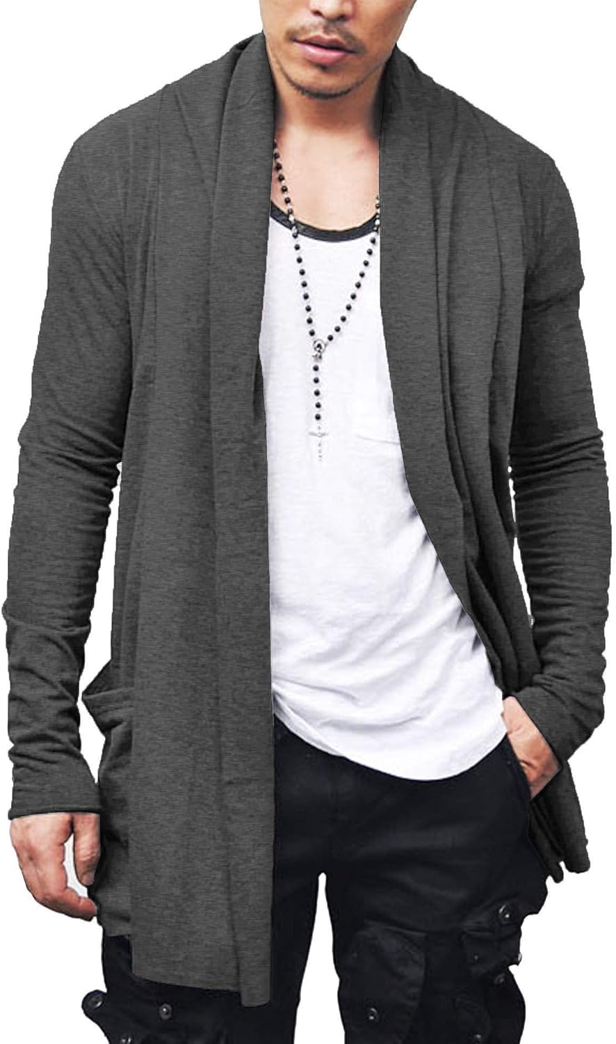 COOFANDY Men's Ruffle Shawl Collar Cardigan, Special Lightweight Long Length Ove...