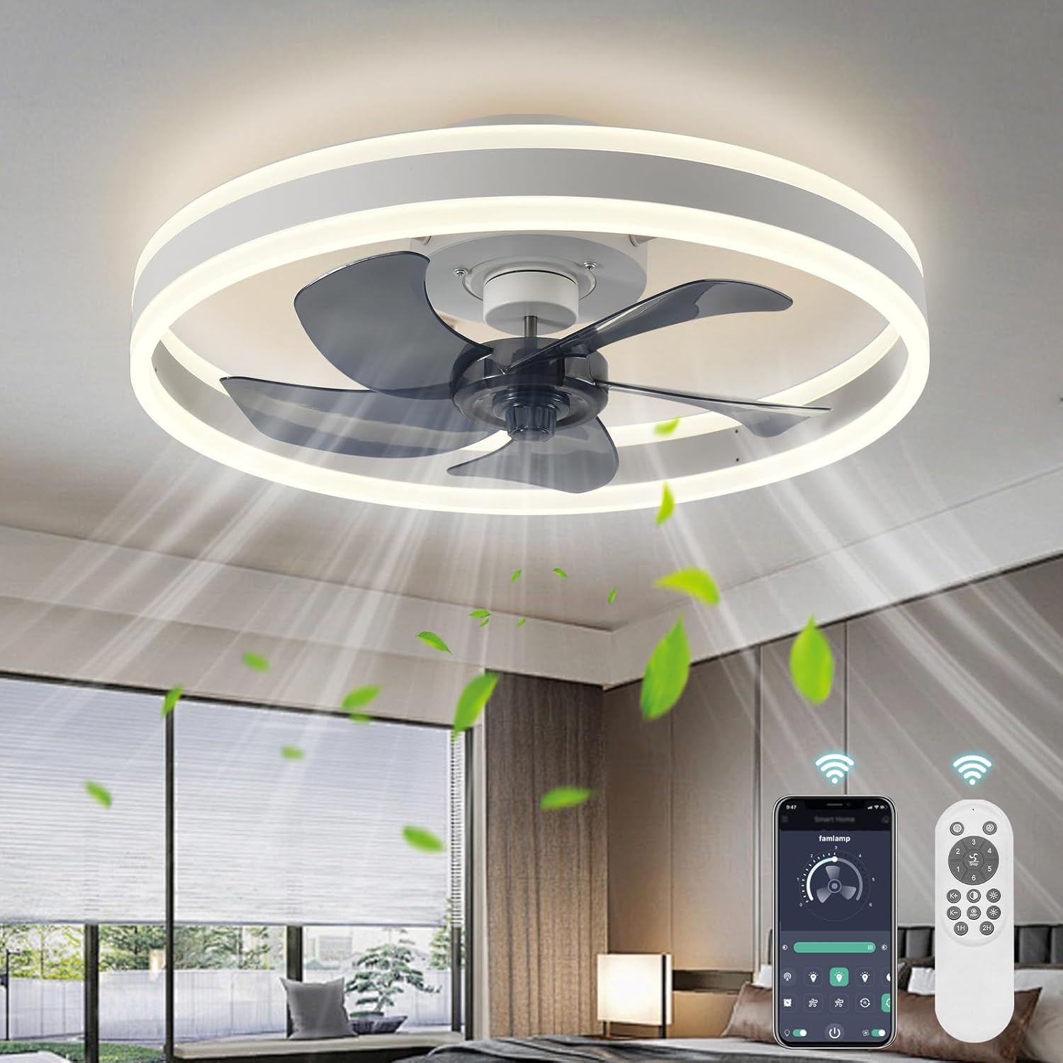 Low Profile Ceiling Fans with Lights and Remote,19.7in Flush Mount LED Dimmable...