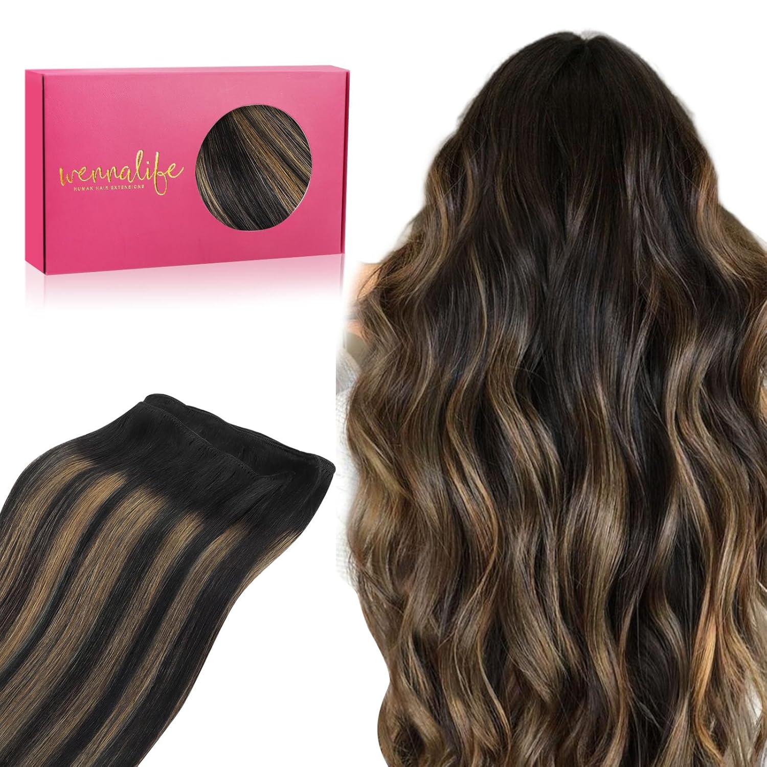 WENNALIFE Sew in Hair Extensions Real Human Hair, 20 Inch 100g Balayage Natural...