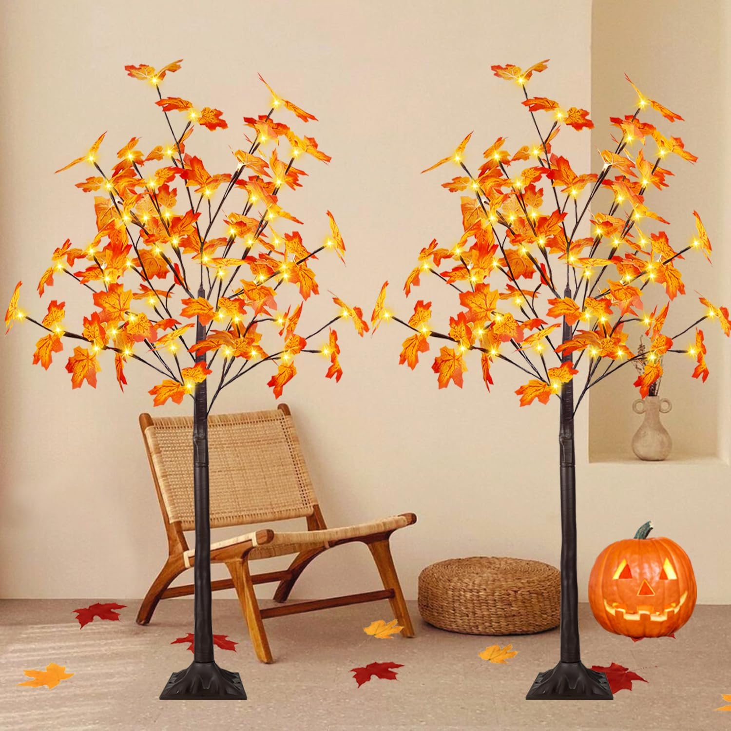 2 Pack 4FT Artificial Lighted Maple Tree, Fall Decorations for Home with Timer,...