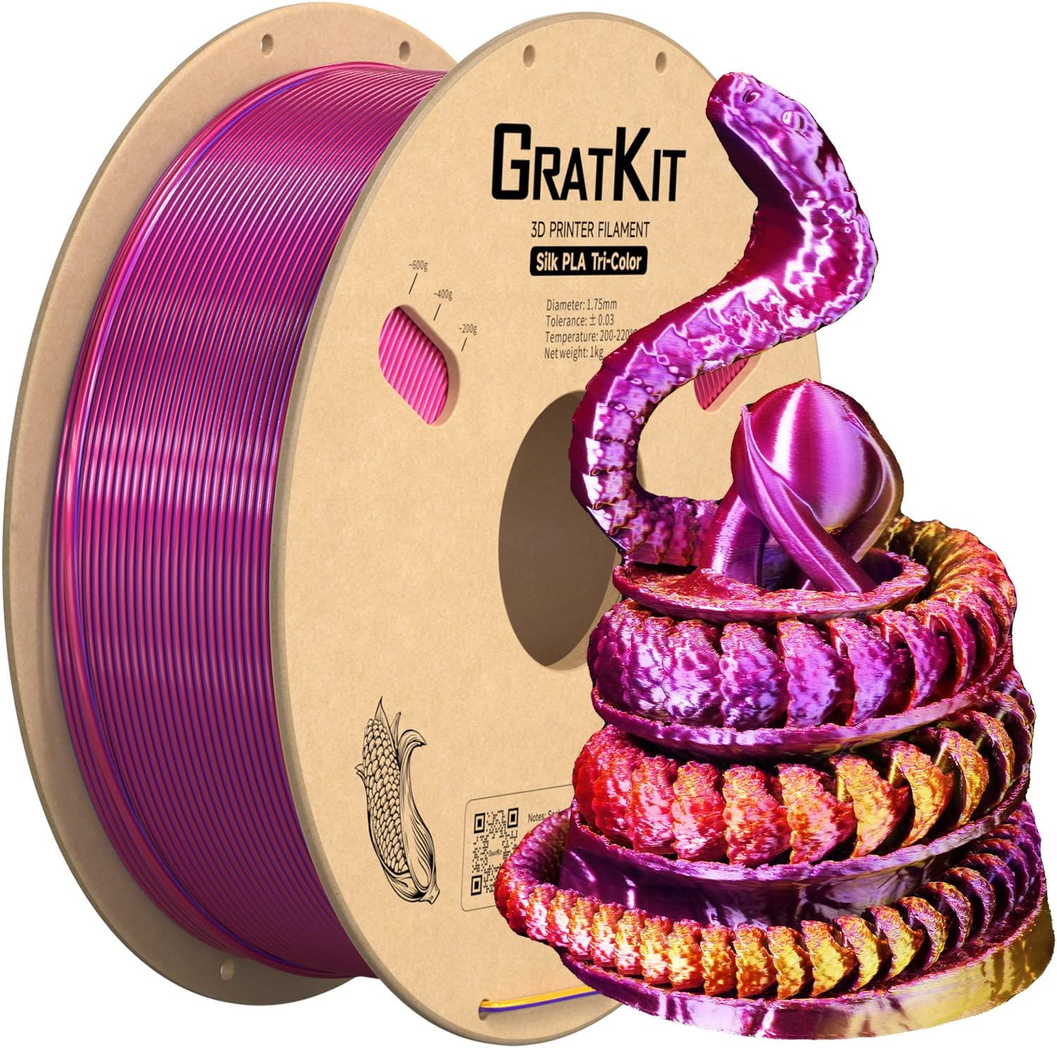 Gratkit Silk Tri-Color PLA Filament，Coextrusion PLA Filament 1.75mm, -0.03mm, 1...