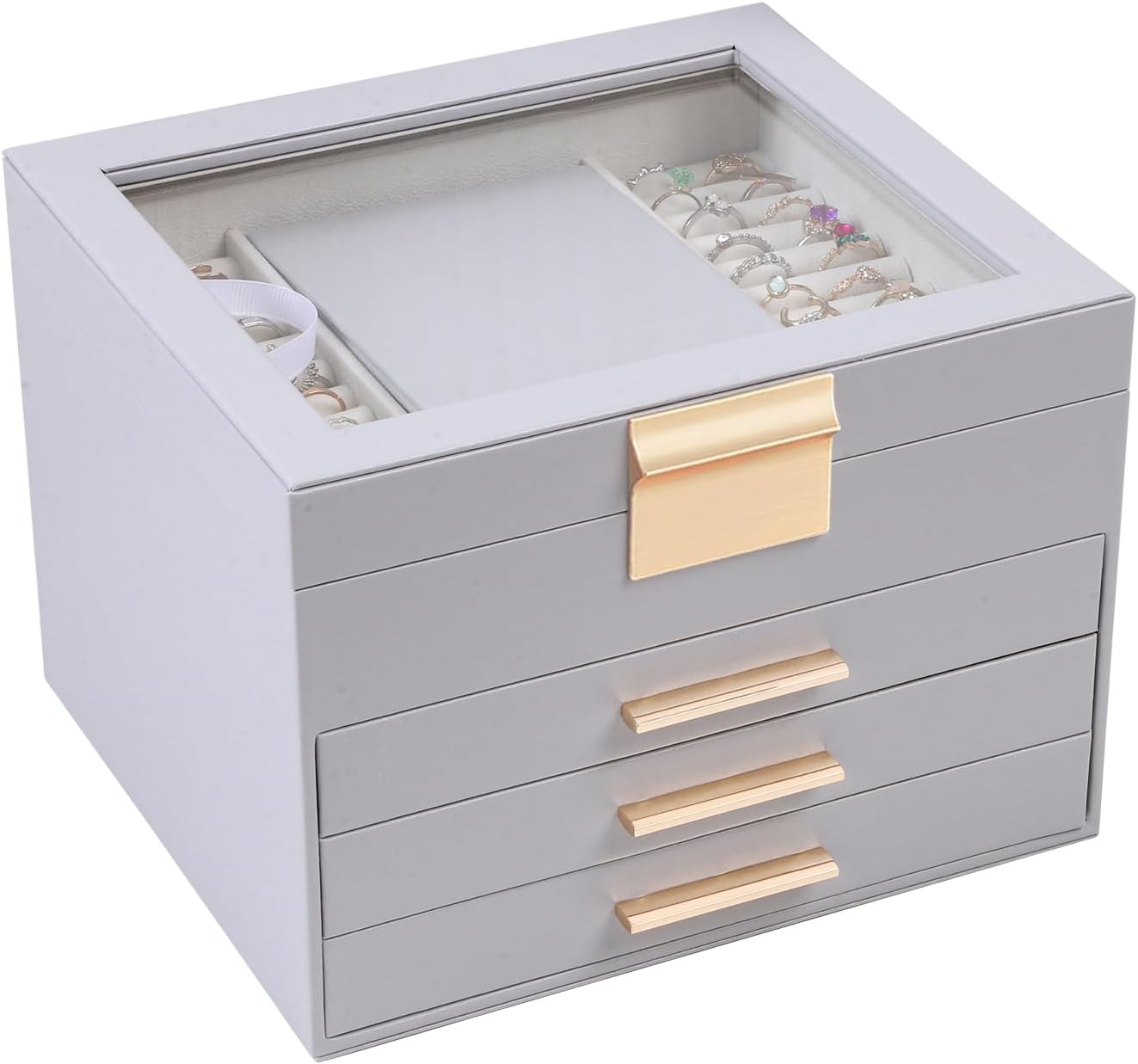 BOOVO Clear Lid Jewelry Box, Special Jewelry Organizer with 4 Layers, Large Jewe...