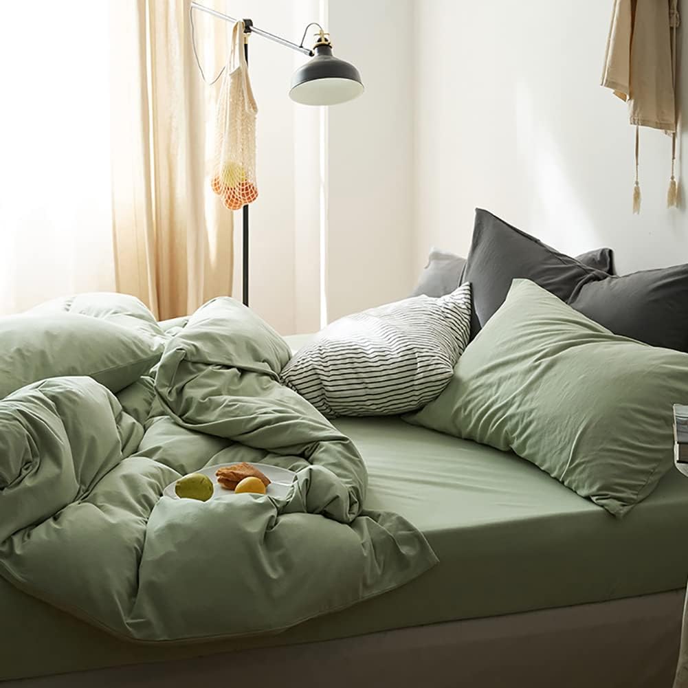 Michorinee Double Duvet Cover Set Sage Green Plain Brushed Microfiber Bedding Se...