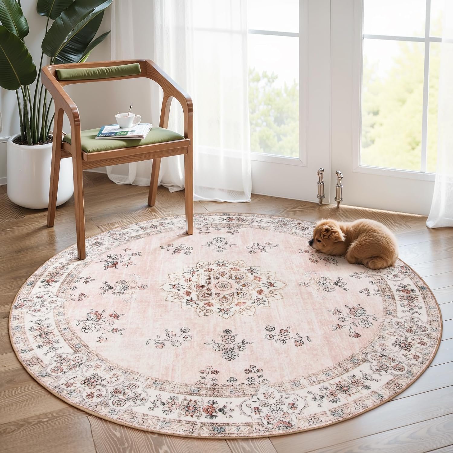 Lahome Washable Rug, Special Pink Round Rug 6ft for Bedroom, Innovative Soft Boh...
