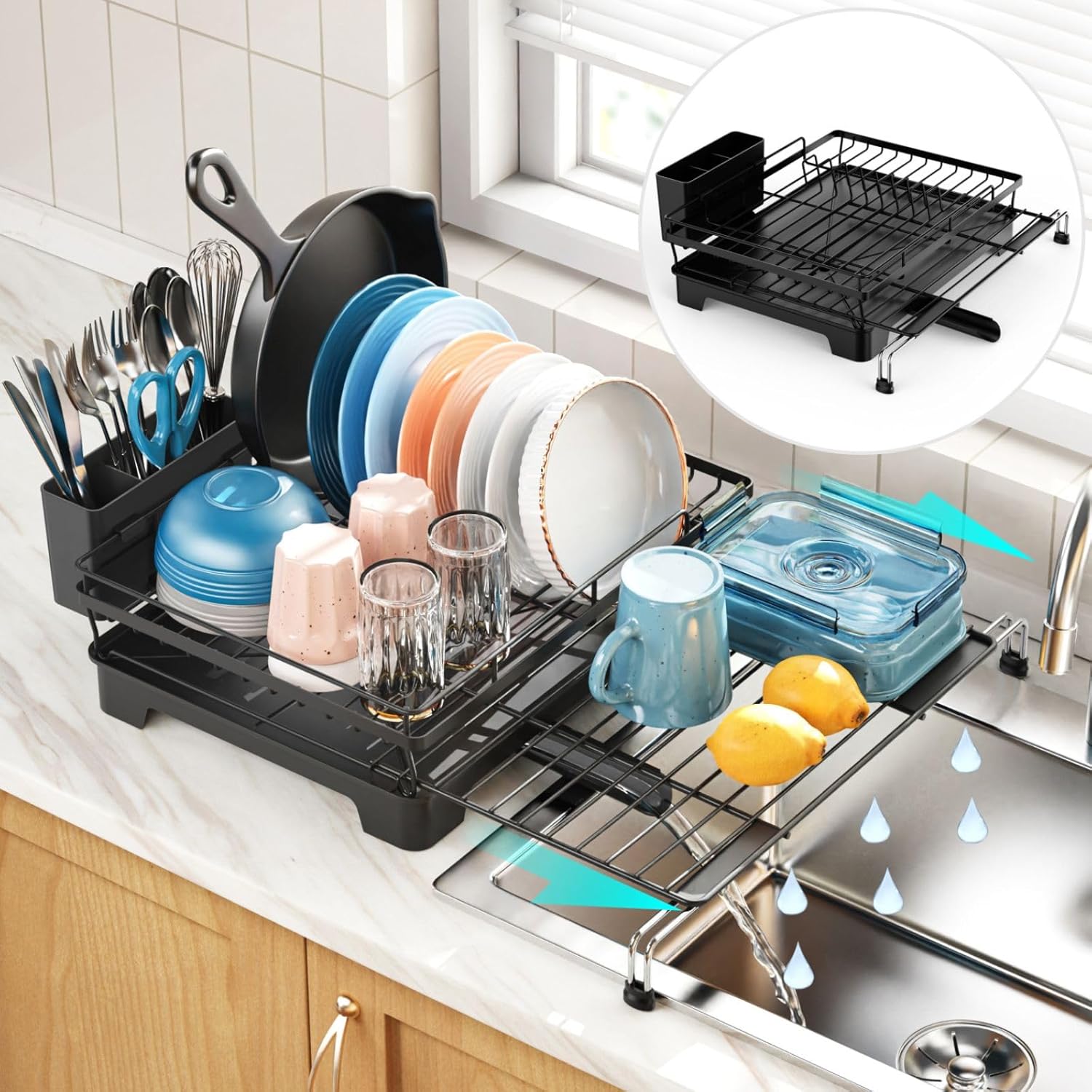 iSPECLE Dish Drying Rack with Drainboard - Expandable 2-in-1 Dish Drainer with S...