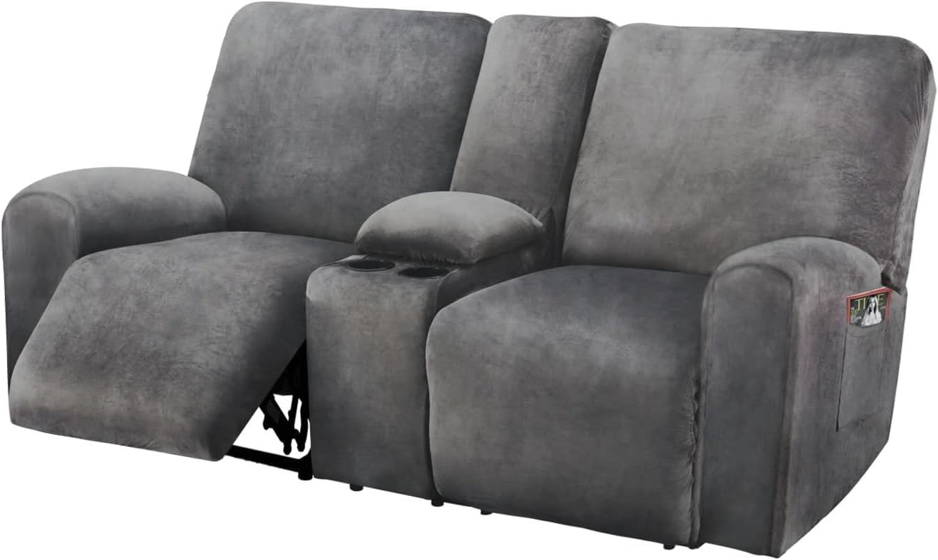 ULTICOR Reclining Loveseat with Middle Console Slipcover, 8-Piece Velvet Stretch...