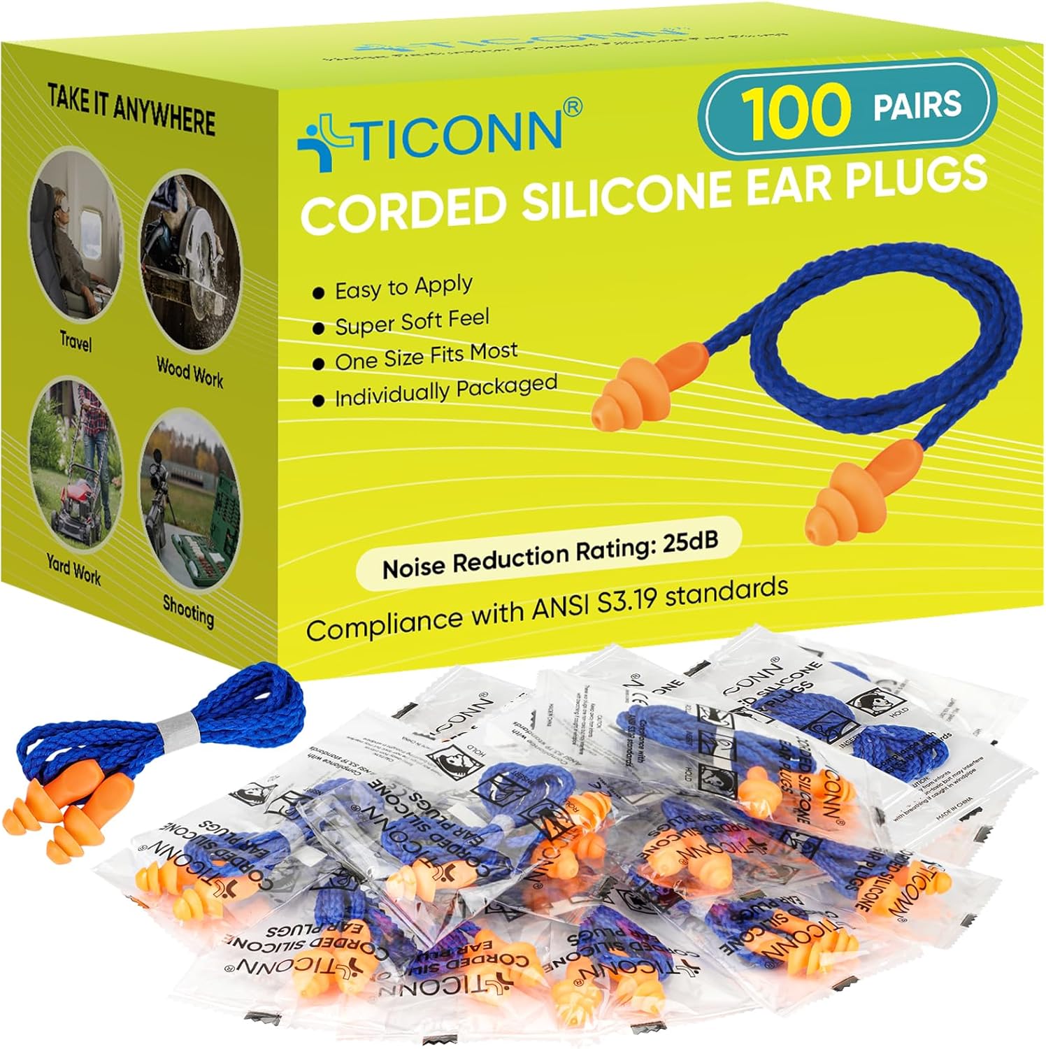TICONN 100 Pairs Reusable Silicone Ear Plugs for Sleeping Noise Cancelling, 25dB...