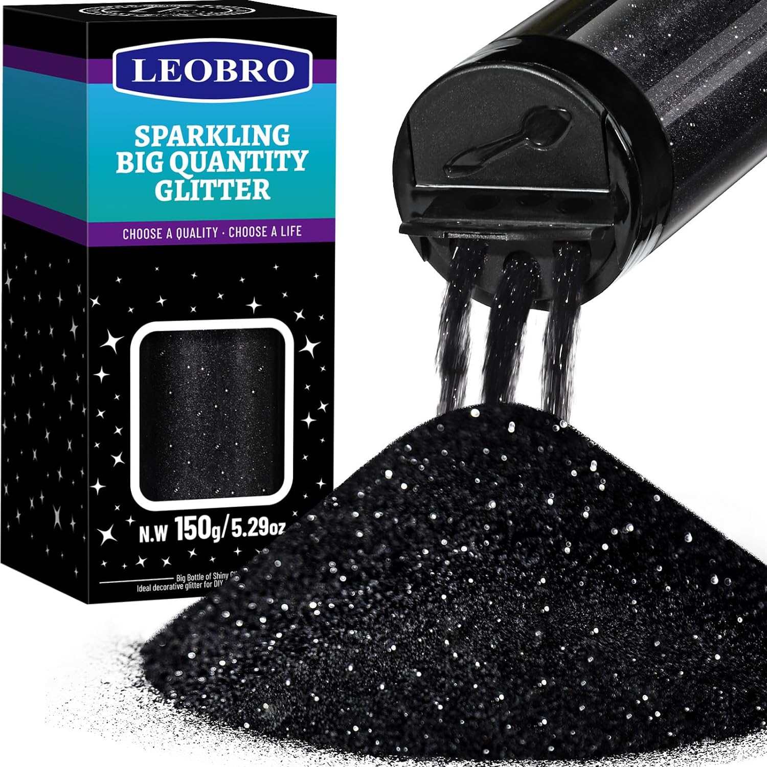 LEOBRO Black Glitter, Glitter, 150g/5.29oz Black Fine Glitter, Glitter for Craft...
