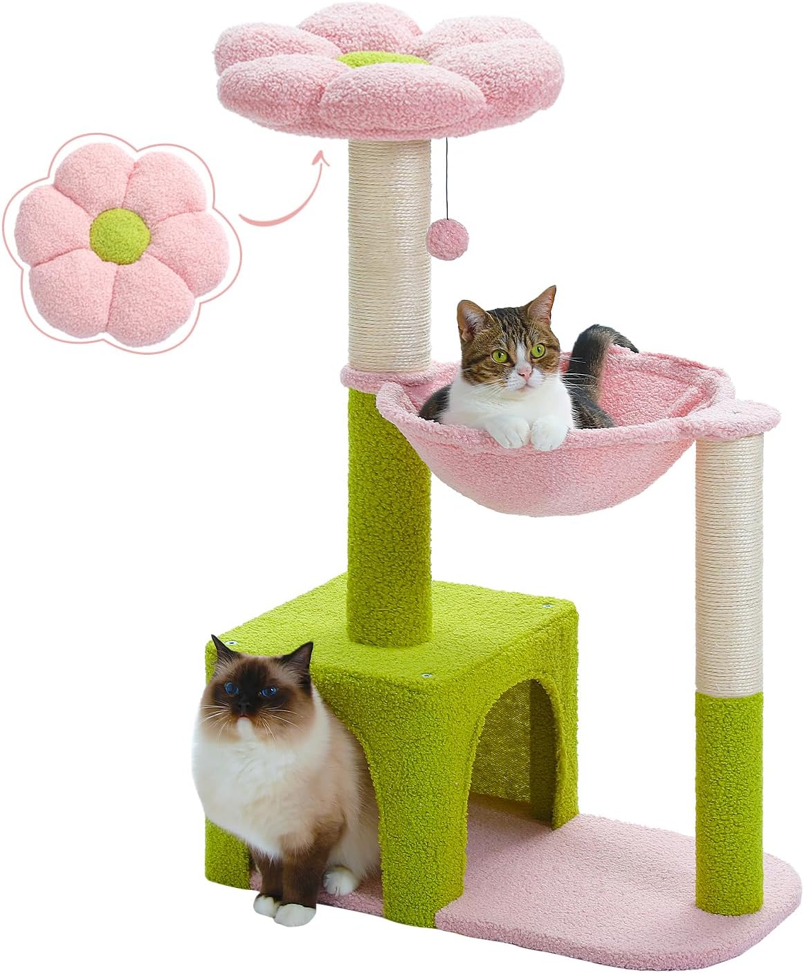 Flower Cat Tree with Large Metal Frame Hammock, 35" Cute Cat Tower with Sisal Sc...