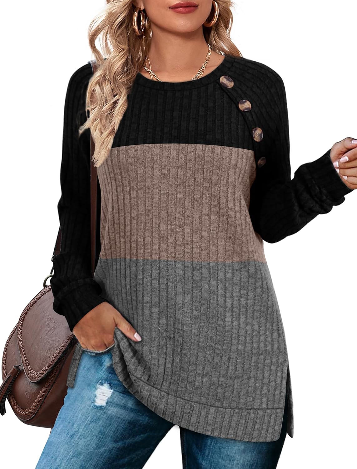 Bofell Long Sleeve Shirts for Women, Special Lightweight Button Decor Tunic Tops...