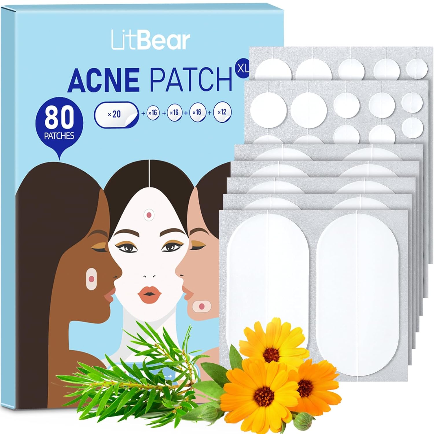 LitBear Large Acne Pimple Patches, 5 Sizes 80 Patches for Large Breakouts, Acne...