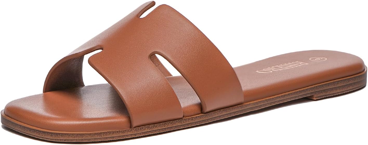Rihero Women's Dressy Flat Sandals Comfortable Slip On Leather Slide Sandals 7.5...