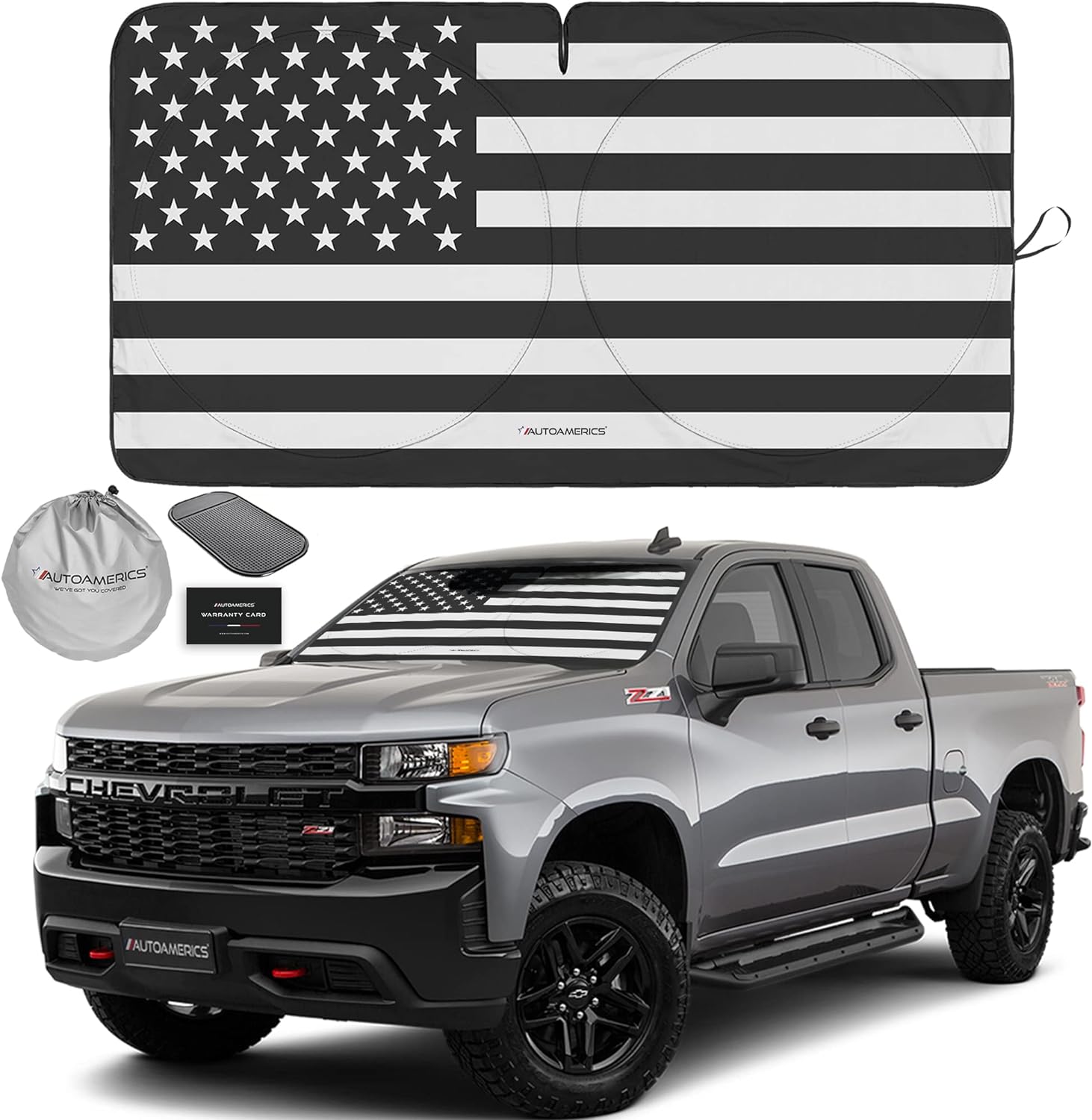 Autoamerics 1-Piece Windshield Sun Shade B&W American Flag USA Patriotic Design...