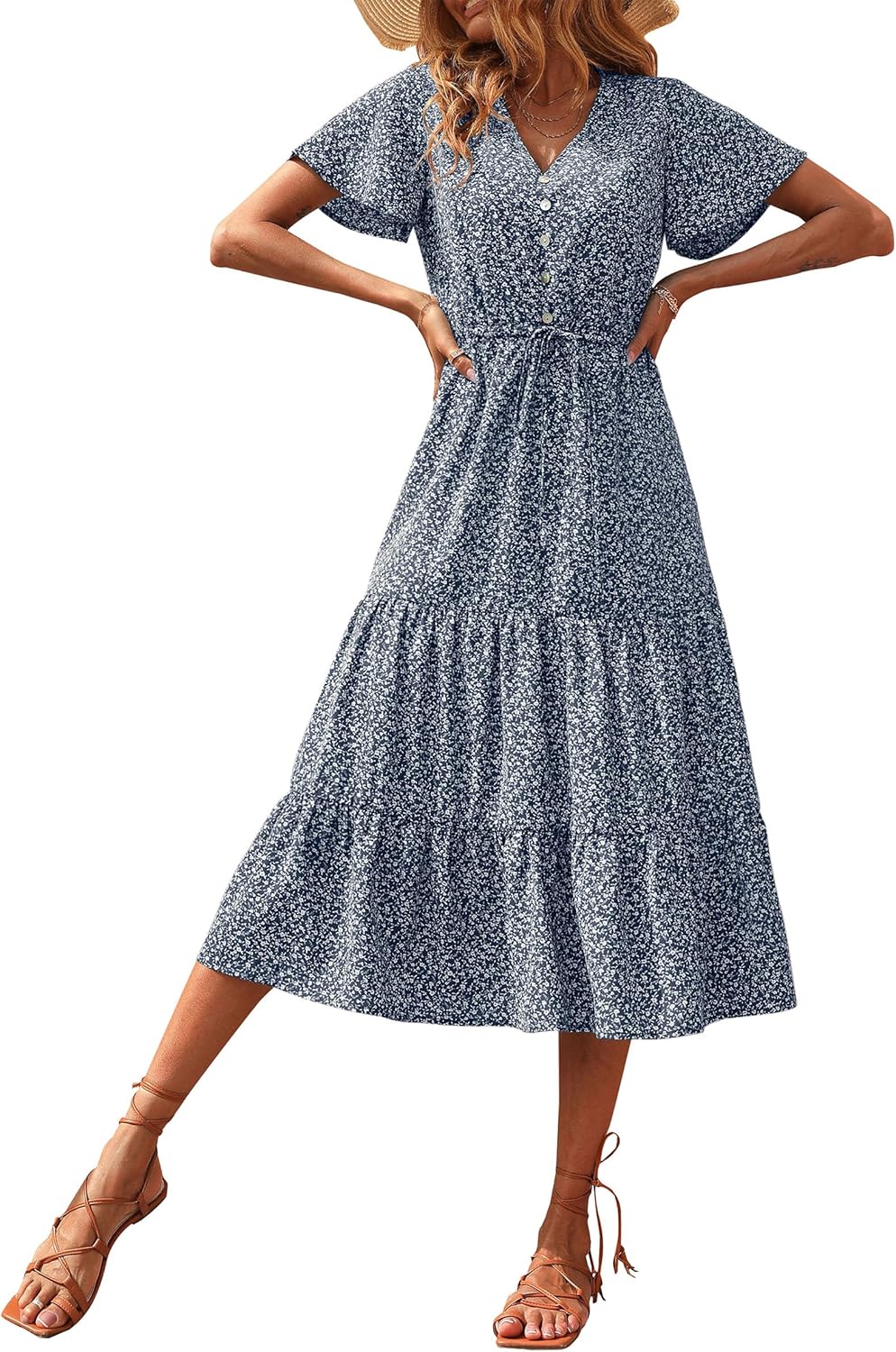 PRETTYGARDEN Women's Floral Boho Dress, Special Casual Short Sleeve V Neck Ruffl...