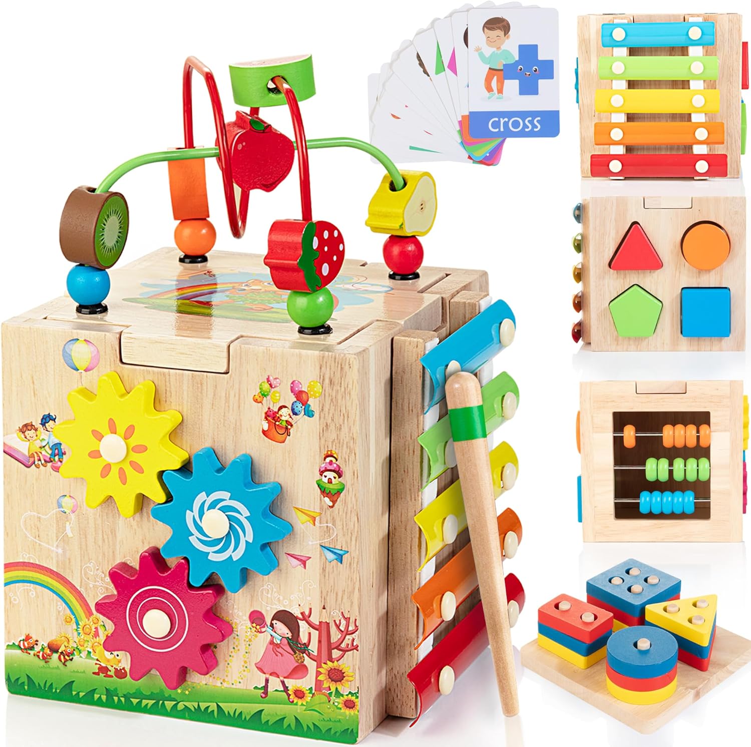 Wooden Activity Cube | 8-in-1 Montessori Toys for 18M+ Toddlers, One Year Old Fi...
